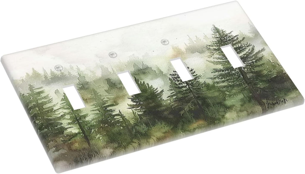 Light Switch Covers Green Forest Watercolor Painting Foggy Pine Quad Toggle Electrical Faceplate 4 Gang Wall Plate Decorative Switch Plates for Bedroom living Room Decor