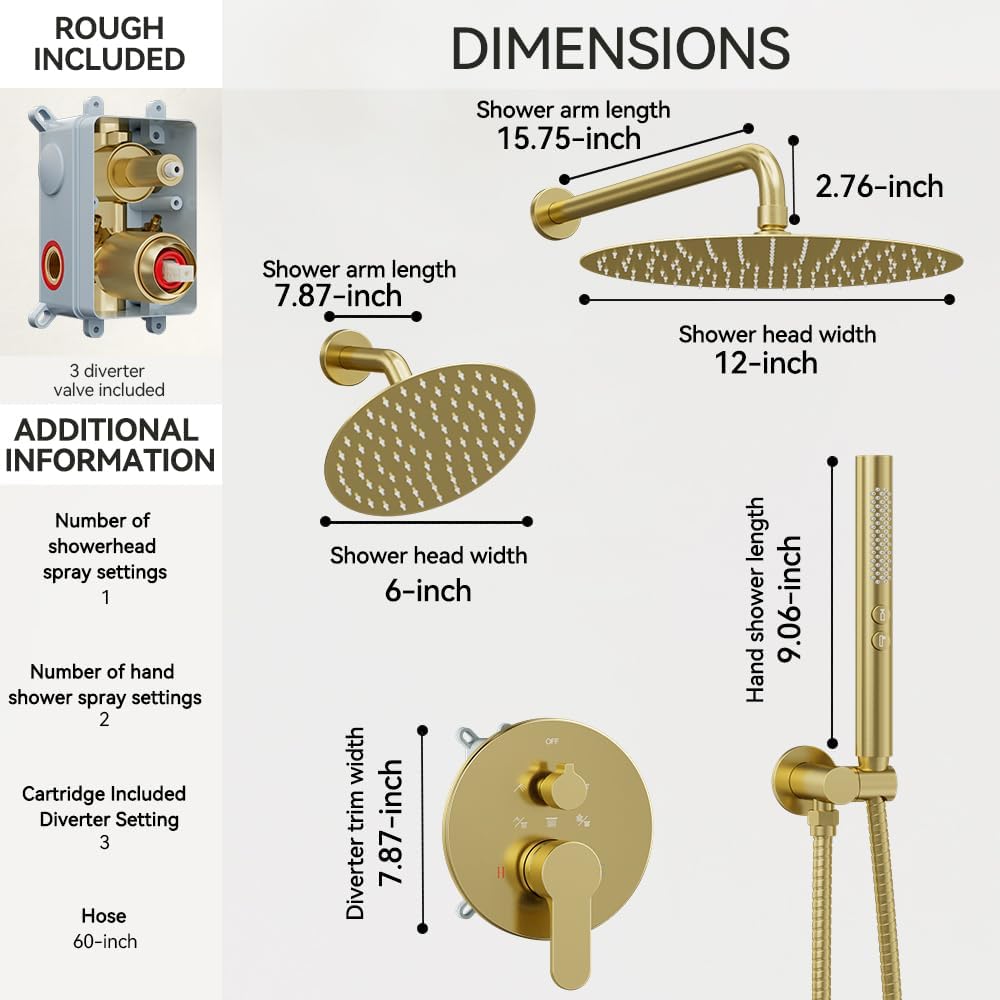Shower Systems STARBATH 12+6" Round Dual Rainfall Shower Head with Handheld Spray for Two People, Wall Mounted 3 Way Rain Shower Faucet Sets Complete, Included Valve and Trim Kit, Brushed Gold
