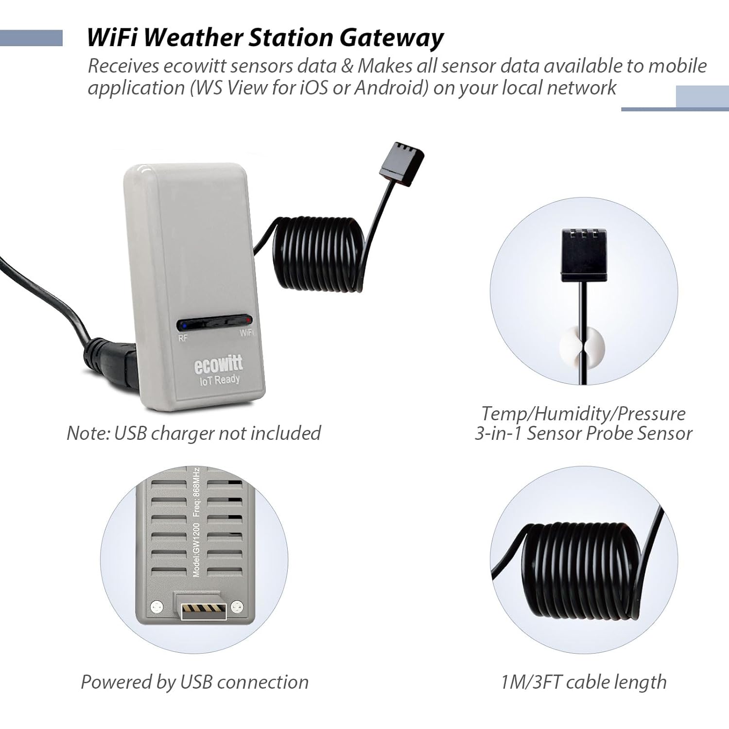 ECOWITT Wi-Fi Weather Station GW1210, Includes GW1200 Wi-Fi Gateway and WS90 Outdoor Sensor Array, 915 MHz