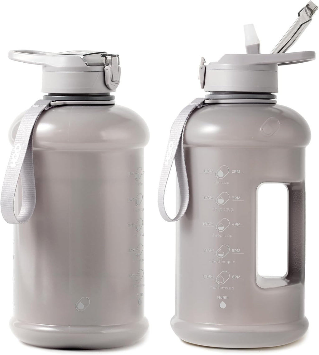 H2O Capsule INSPO Half Gallon Water Bottle with Time Marker and Straw Motivational Hydration Tracker Jug Big BPA-Free Food-Safe Leakproof Drinking Bottle Handle & Strap, Ash Gray
