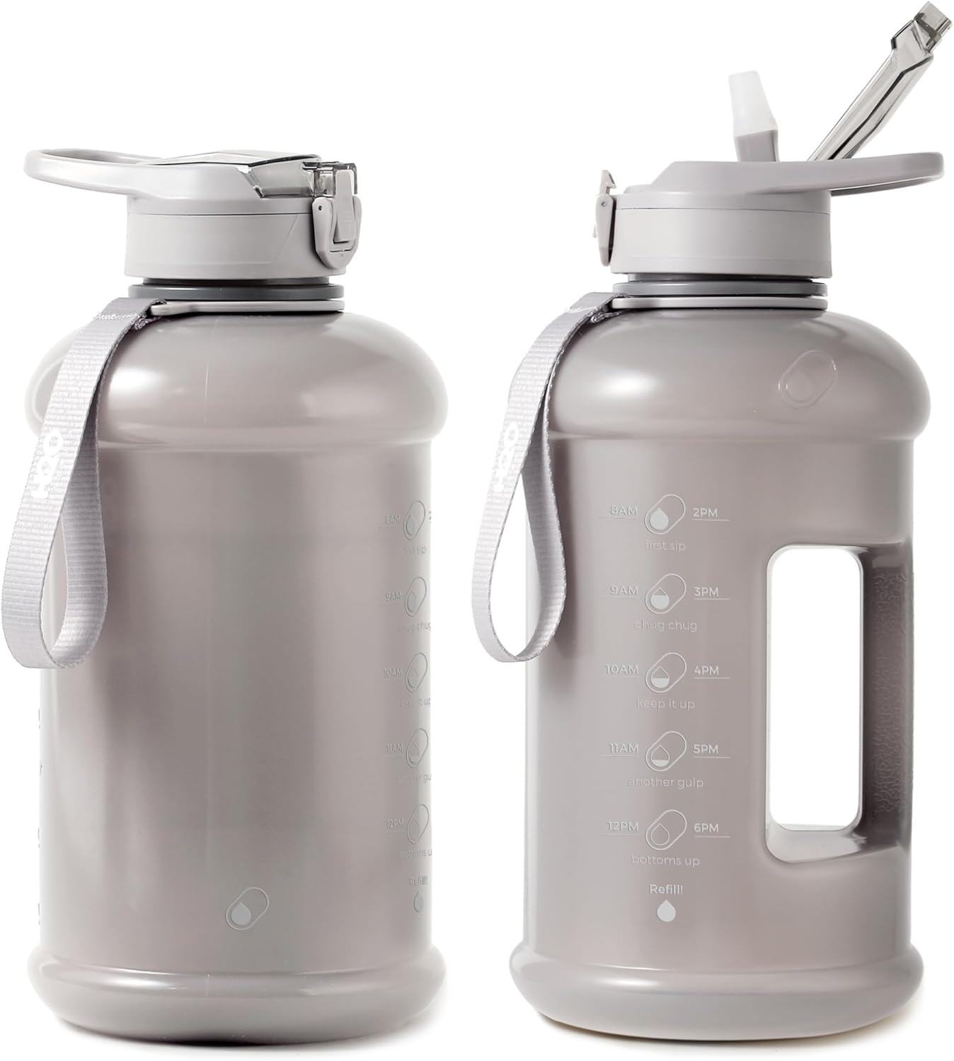 H2O Capsule INSPO Half Gallon Water Bottle with Time Marker and Straw Motivational Hydration Tracker Jug Big BPA-Free Food-Safe Leakproof Drinking Bottle Handle & Strap, Ash Gray