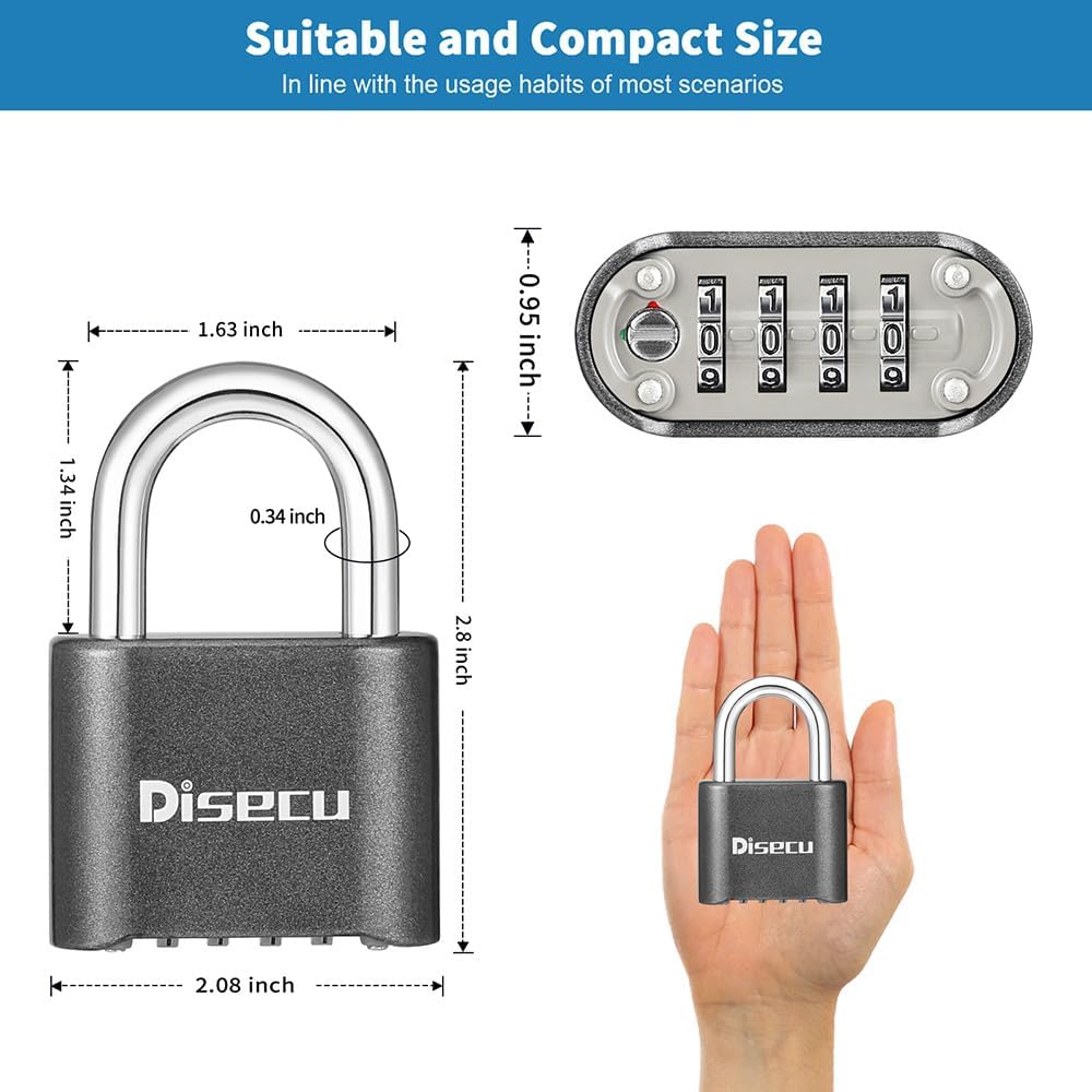 1 Pack disecu Heavy Duty 4 Digit Combination Lock, Anti-Error Feature, Outdoor Waterproof Padlock for School Gym Locker, Fence, Gate, Hasp Storage, Toolbox (Gun Black)