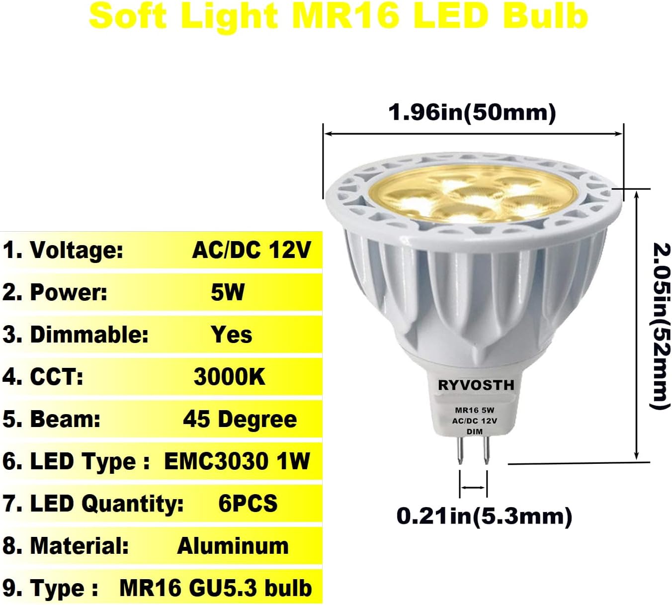 6-Pack MR16 Led Bulbs 5.5W Replace 35W 50W Halogen Equivalent,3000K Soft Warm White,12V Low Voltage MR16 GU5.3 Bulb Spotlights for Outdoor Landscape Flood Track Lighting, Dimmable