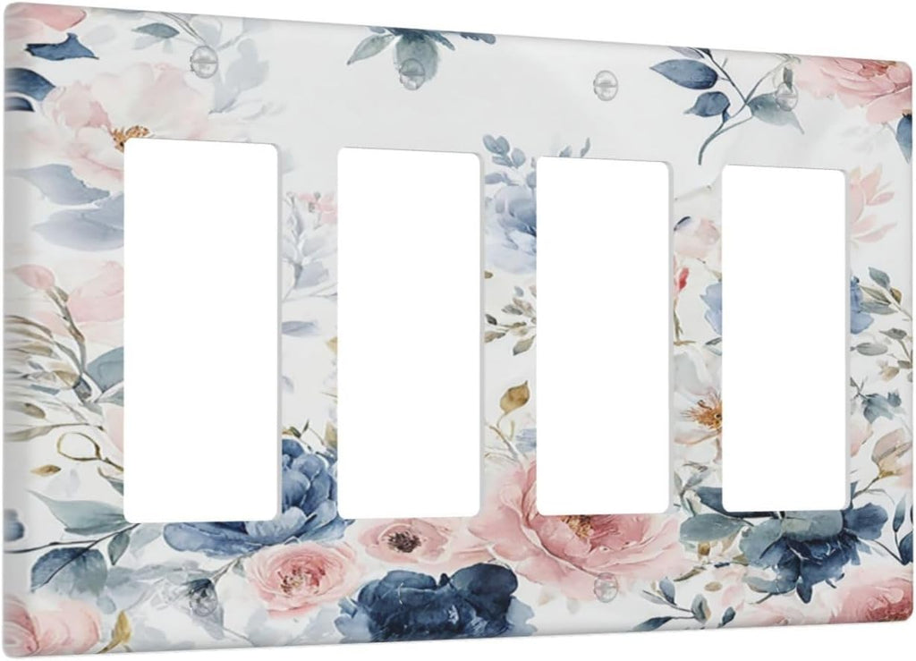 Elegant Watercolor Pink Blue Flowers Floral 4 Gang Wall Plates Outlet Covers Triple Rocker Light Switch Cover Plate Decorative Switch Plates GFCI Electrical Faceplate for Bathroom Bedroom 4.5 X 8 IN