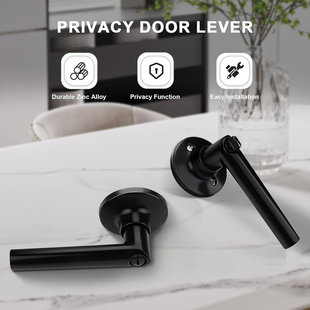 GOBEKOR 10 Pack Matte Black Door Handles Privacy Door Levers with Lock,Heavy Duty Interior Door Handles for Bedroom and Bathroom,Sleek Round Door Lever with No Key