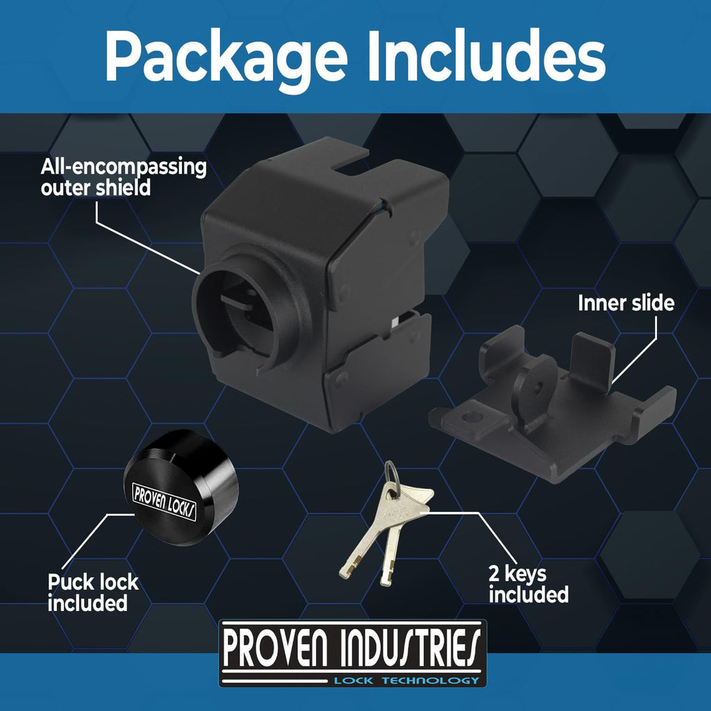 Proven Industries Model 2178-A Trailer Lock, Fits 2-Inch Yoke-Latch Trailer Couplers, Secures Safety Chains, Made in The USA, (Black)