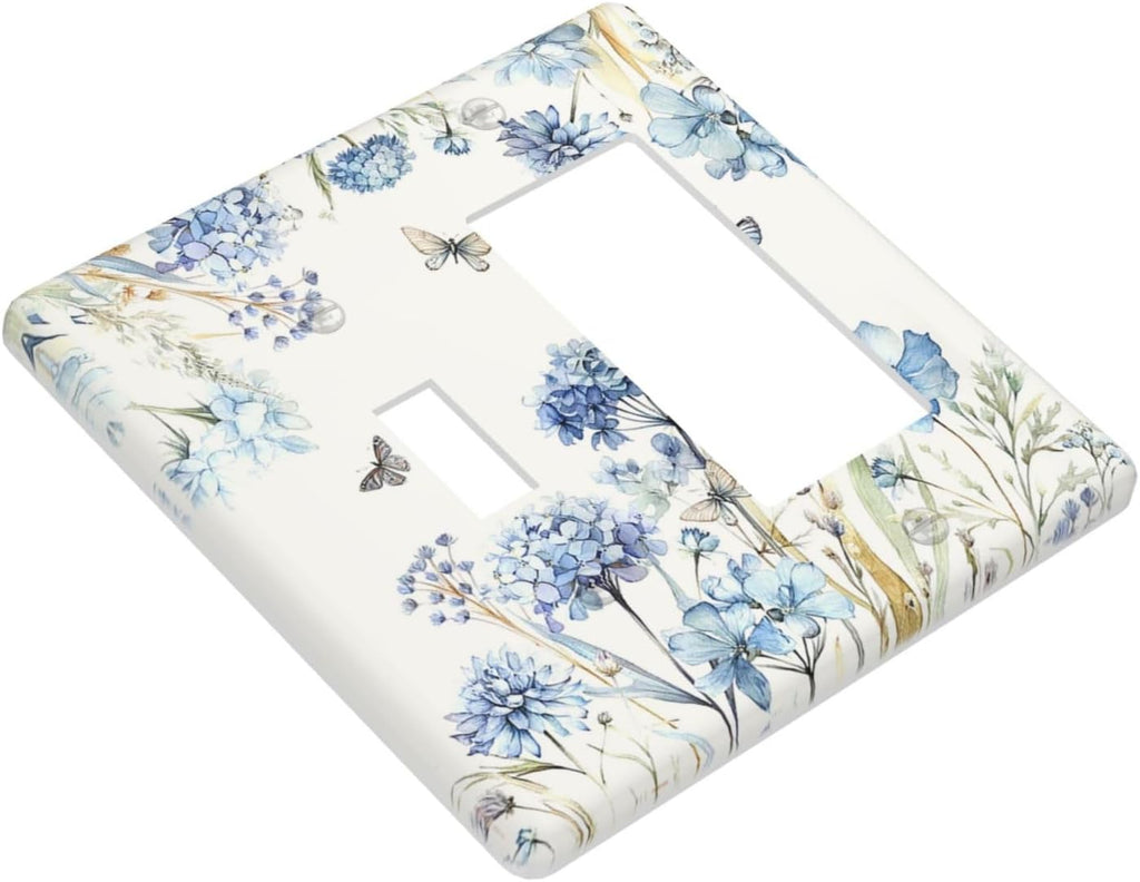 Outlet Covers Blue Floral Hydrangea Plants 1 Toggle 1 Rocker Combination Decorative Wall Plate Light Switch Cover Plate Electrical Switch Plates for Bedroom Home Decor
