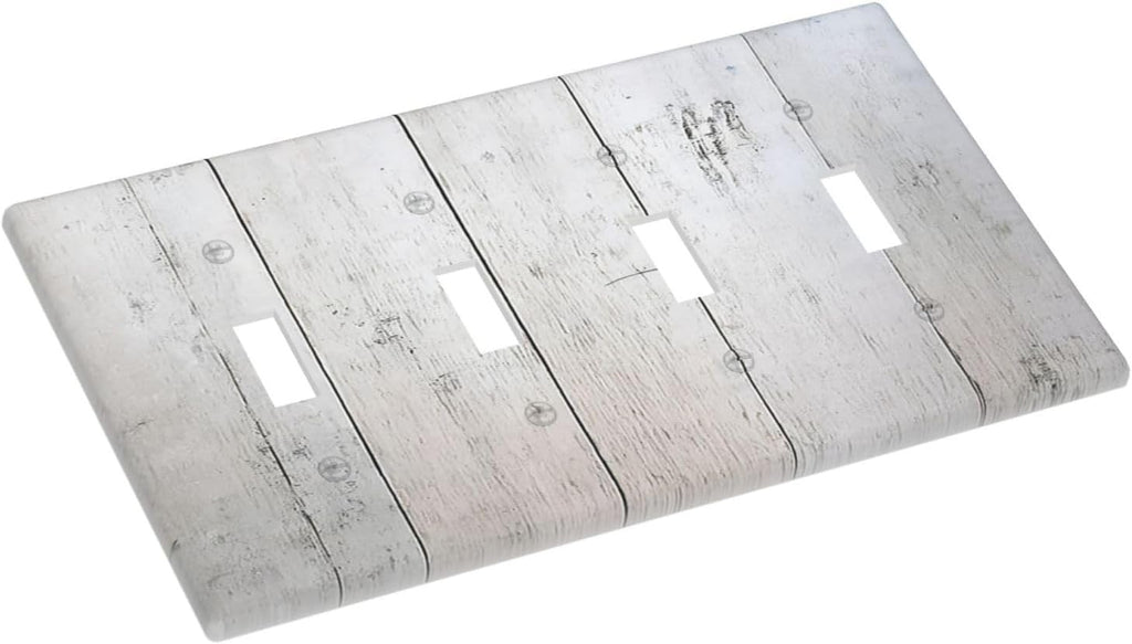 Rustic White Grey Wood Grain Light Switch Covers Quad Toggle 4 Gang Wall Plate Decorative Switch Plates Electrical Faceplate for Bedroom Bathroom Decor