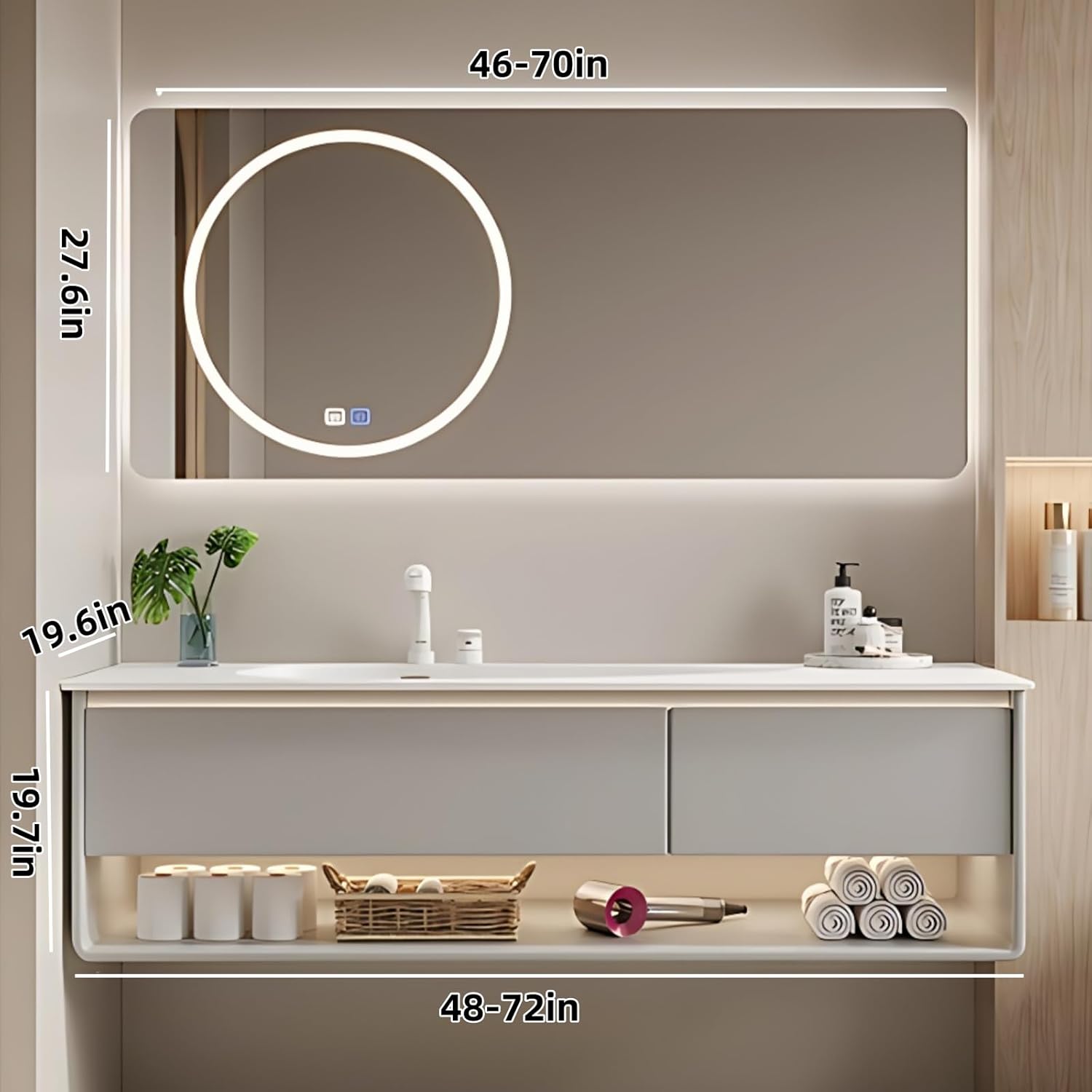 56IN Grey Bathroom Vanity Set - Floating Bathroom Vanity with Single Sink | Including LED Smart Defogging Mirror Cabinet & Time Display Function, Equipped with Motion Sensing Light Strip (Style B)