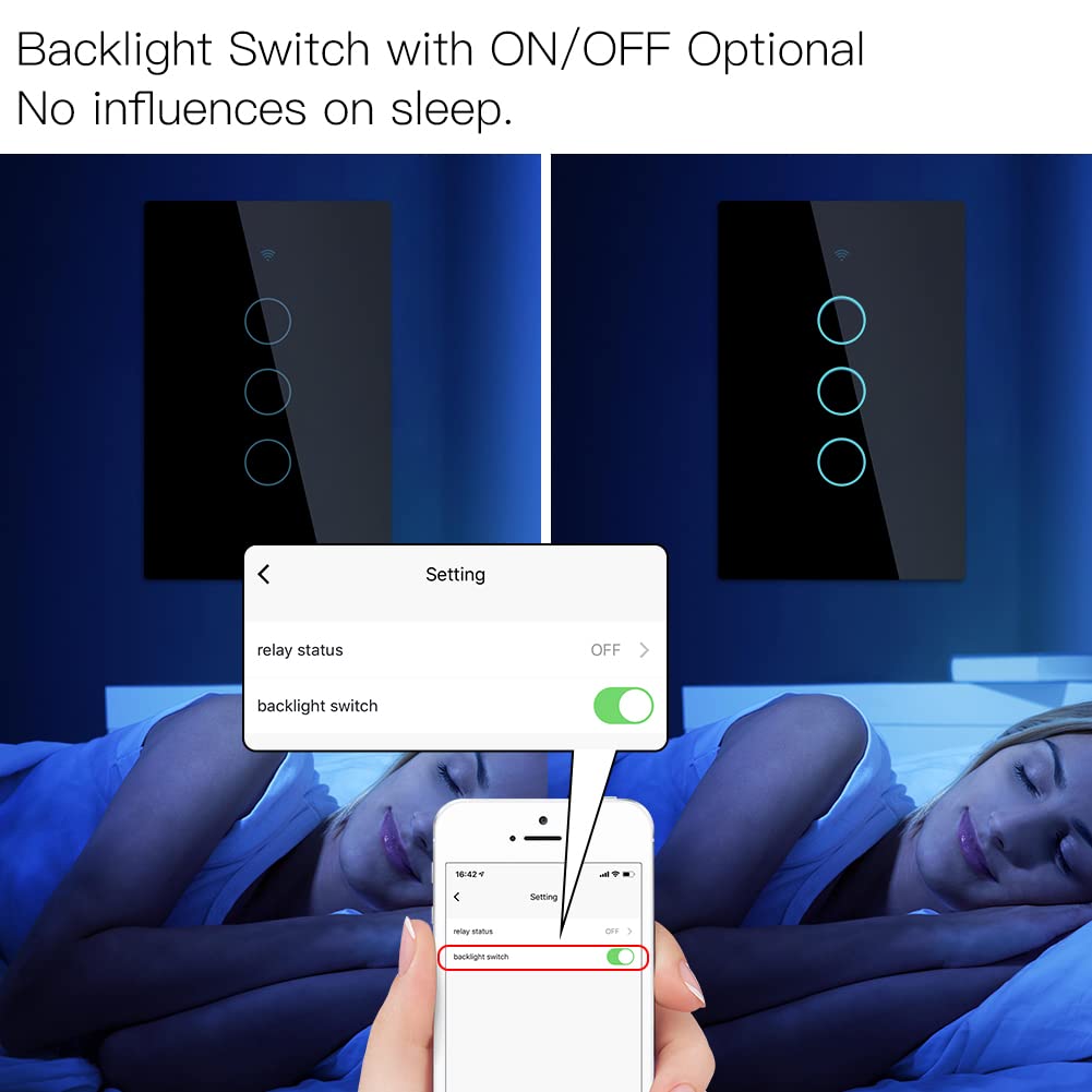 MOES 2.4GHz WiFi Wall Touch Smart Switch Neutral Wire Required, 3 Way Multi-Control, Glass Panel Light Switch Work with Smart Life/Tuya App, RF433 Remote Control, Alexa and Google Home Black 3 Gang