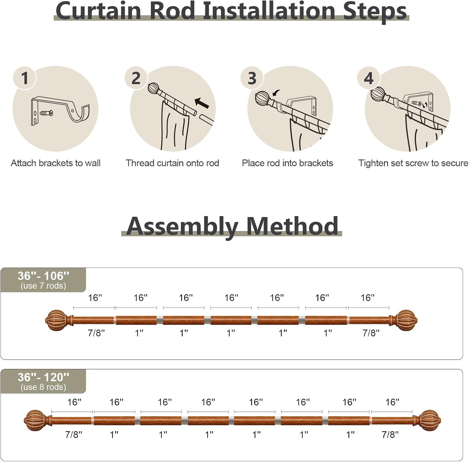 Reddish-Brown Wood Curtain Rods for Windows 66 to 120 Inch, 1'' Adjustable Heavy Duty Curtain Rod，Vintage Imitation Wood Decorative Drapery Rods with Pumpkin Finials for Bedroom Living Room