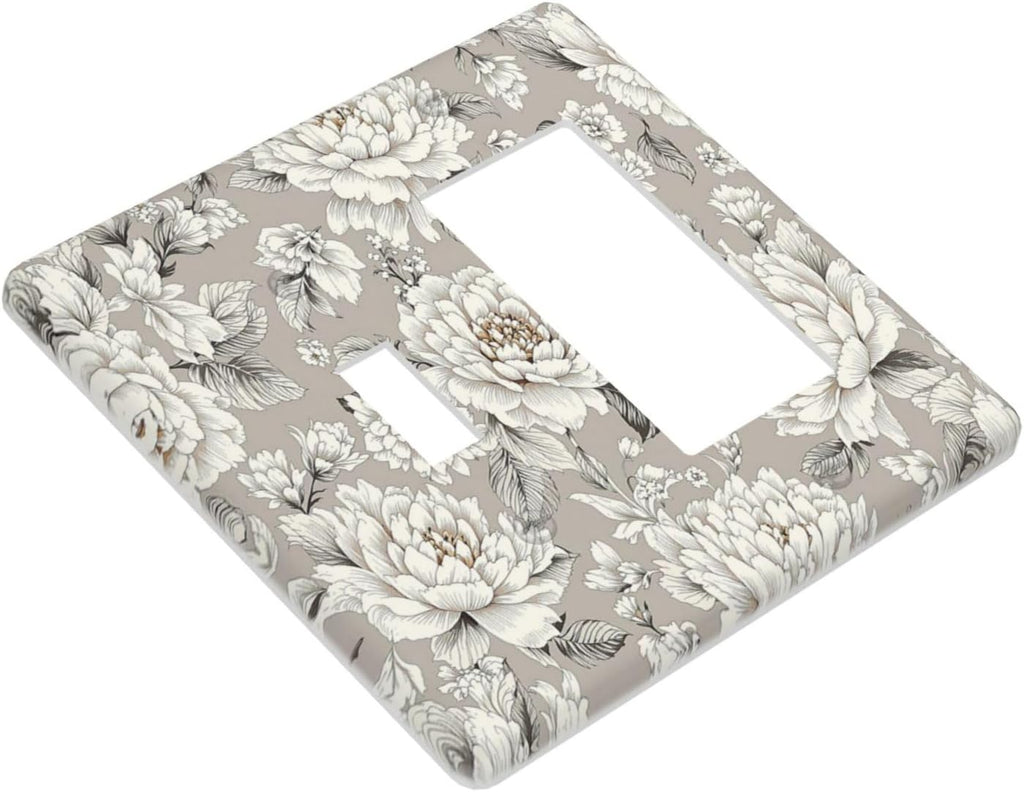 White Poppies Floral Modern Grey Peonies Flowers Outlet Covers 1 Toggle 1 Rocker Combination Light Switch Cover Plate Decorative Wall Plate Electrical Switch Plates for Bedroom Bathroom
