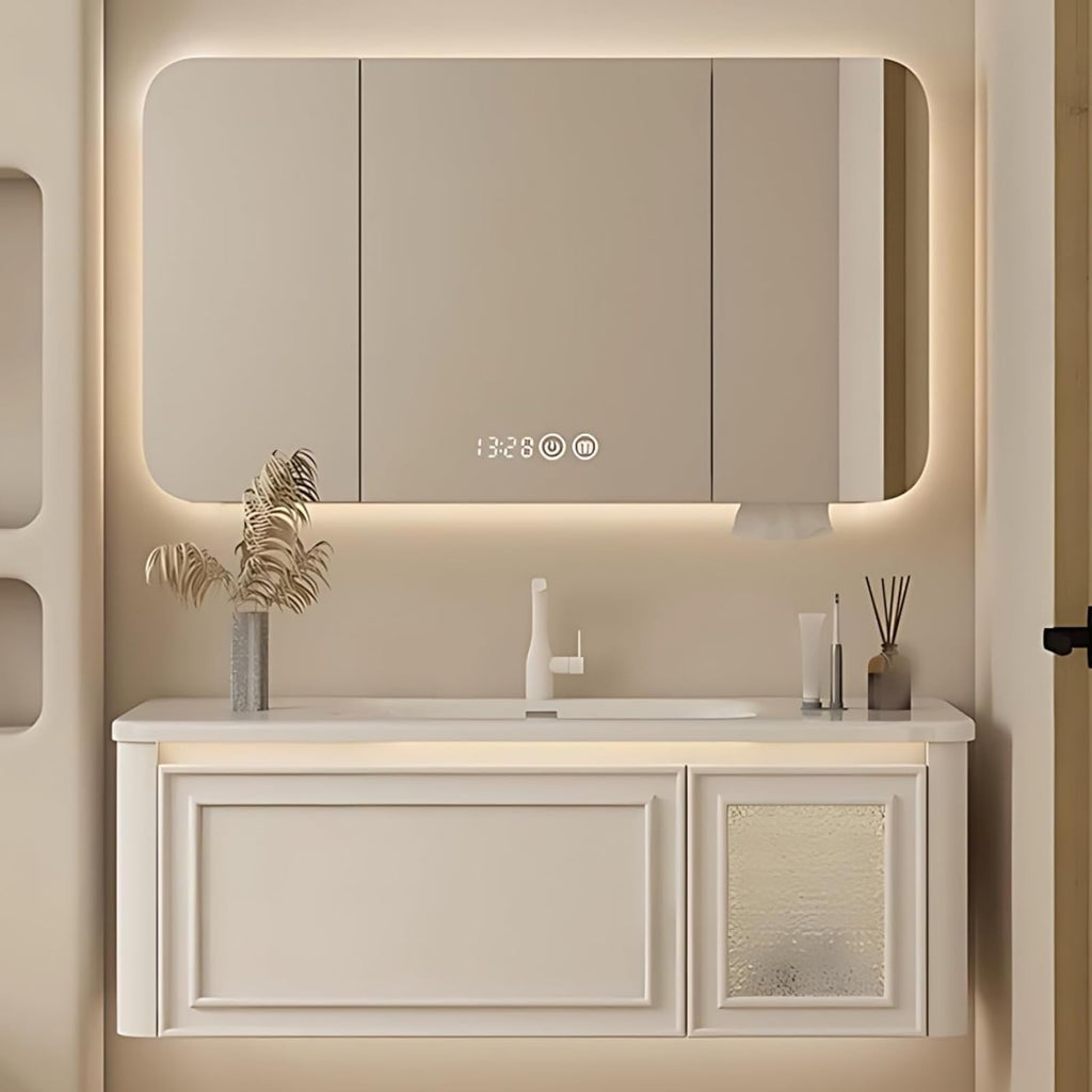 40IN Wall Mounted Bathroom Vanity Set - Wood Bathroom Vanities has Tissue Hole Design | Includes Smart Defogging Mirror Cabinet & Time Display, Rounded Corners, Glass Cabinet Doors (Style A)