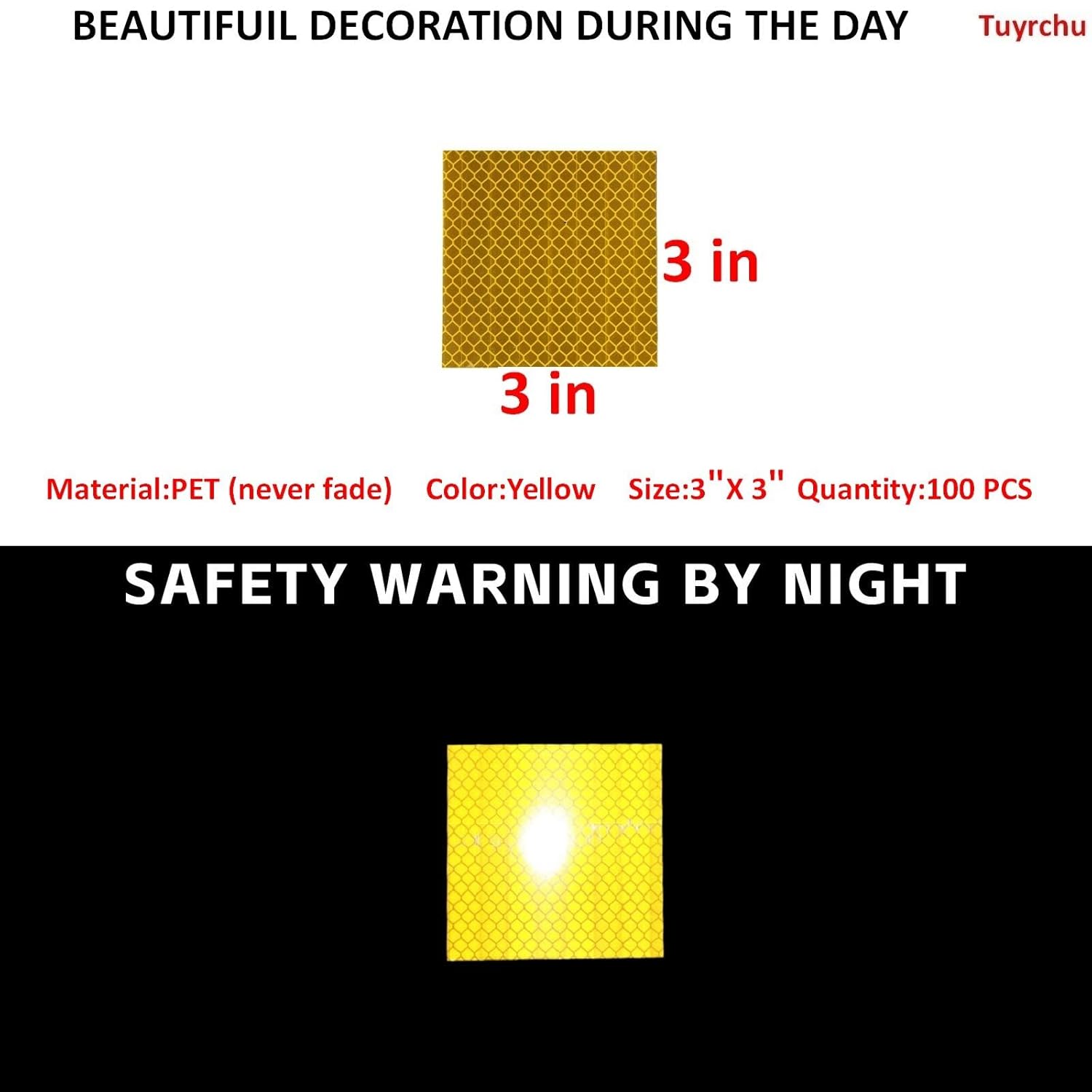 Non Fading Yellow Reflective Stickers 3 inch X 3 inch, Outdoor Waterproof High Visibility Warning Safety Adhesive Reflector Tape (100 Pcs)