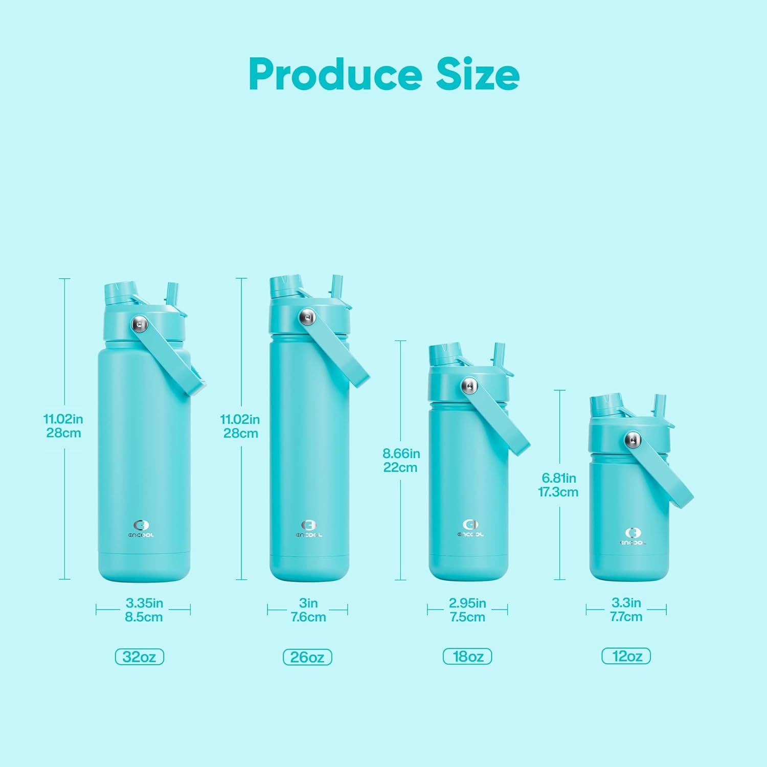 ENCOOL Insulated Water Bottle with Straw Stainless Steel Water Bottle, Leak-Proof, BPA-Free, Double Wall Vacuum Keeps Cold for 24 Hours for Sports, Travel, School (26 oz, Aquamarine Blue)