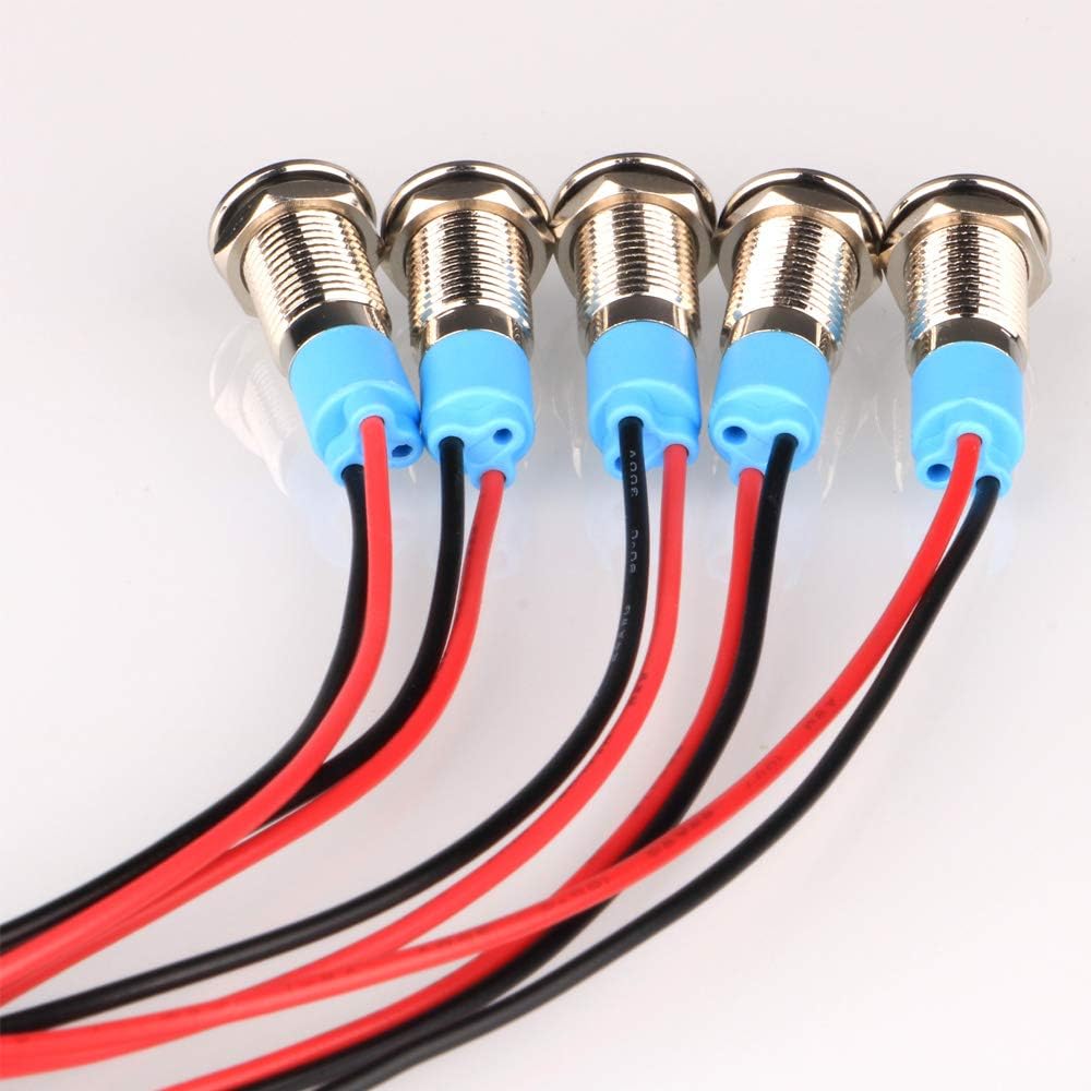 5pcs 8mm LED Metal Indicator Light AC/DC 12-24V Waterproof Signal Lamp Pilot Dash Directional with Wire