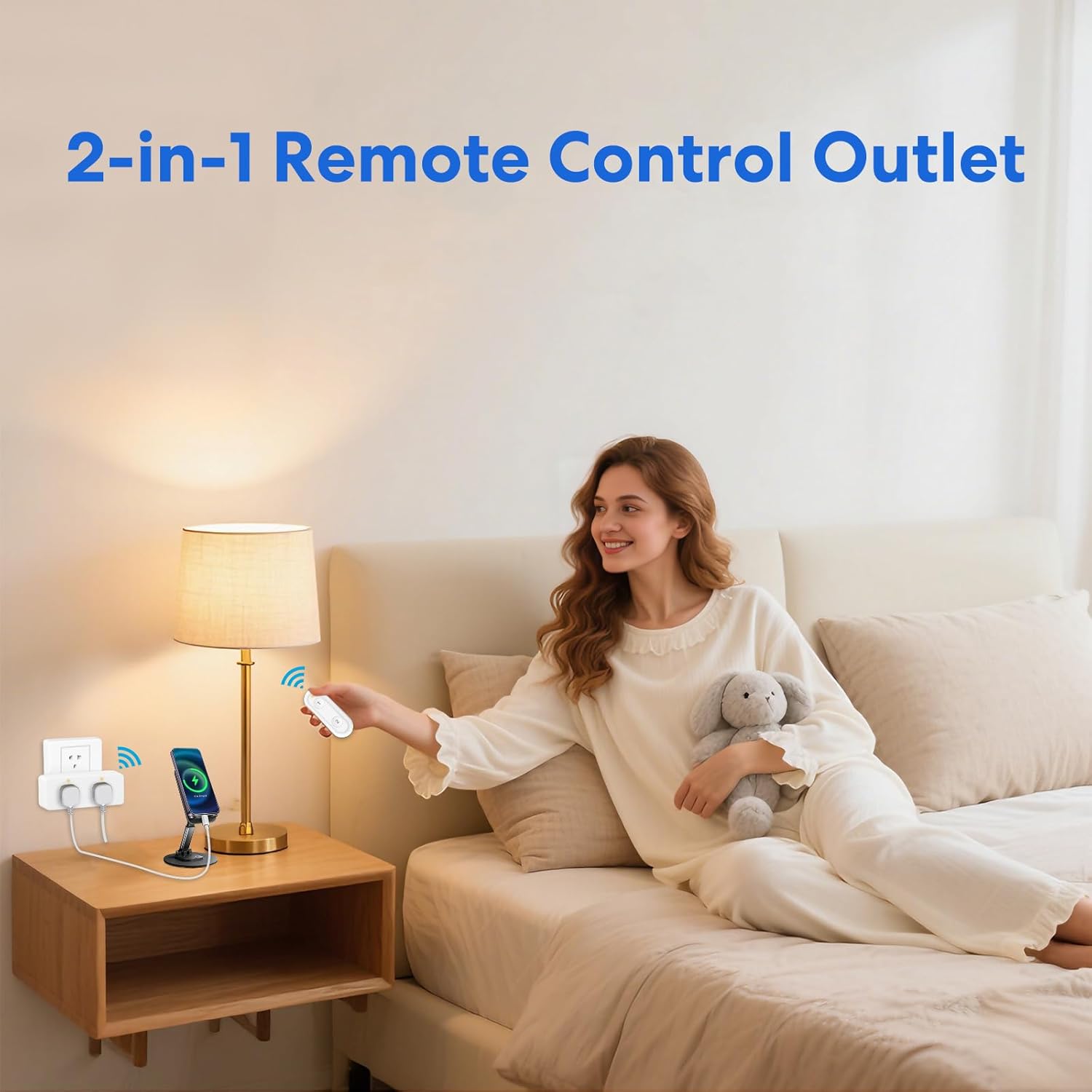 Remote Control Outlet with 2 Independent Sockets & Wireless Light Switch, for Home Appliances (Lamps, Holiday Lights, Fan), Wall Holder & Battery Included, 100FT Range, 15A/1800W