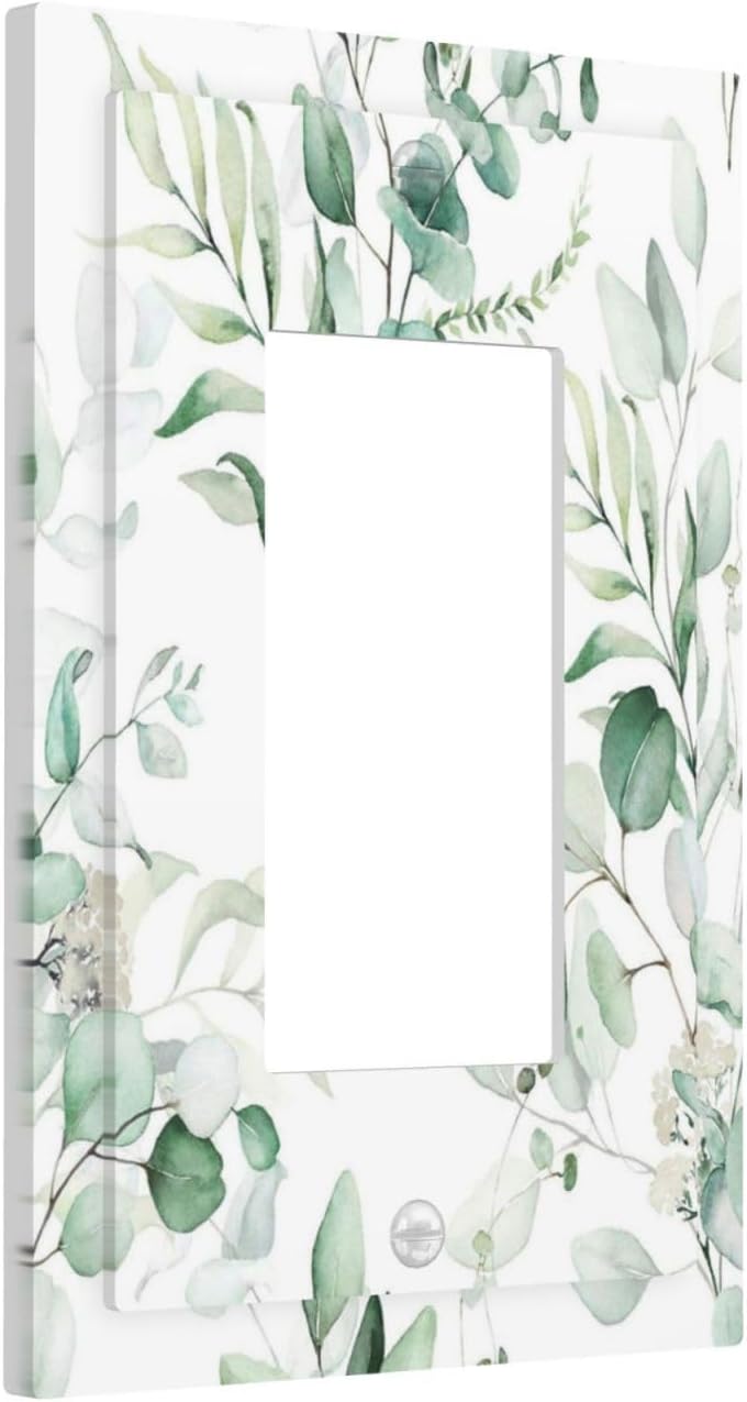 Boho Green Eucalyptus Leaf Floral Plants Flowers Decorative Outlet Covers 1 Gang Single Rocker Light Switch Cover Plate Wall Plates GFCI Faceplate for Bed Room Living Room Decor