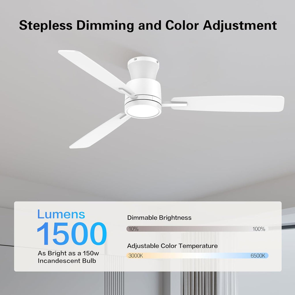 Ceiling Fans with Lights,52 Inch,Quiet Reversible Motor,Easy to Install,6 Speeds,Dimmable,Timer,White Low Profile Ceiling Fan for Bedroom Living Room,Kitchen,Indoor/Outdoor