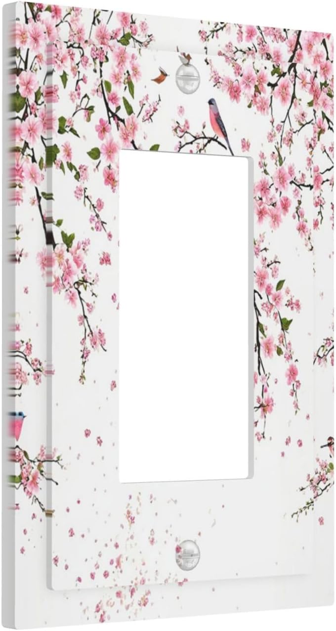 Decorative Outlet Covers Rustic Plum Blossom Pink Flowers 1 Gang Rocker Light Switch Cover Plate Single Decora Light Switch Covers Wall Plate Faceplate for Bedroom Decor （2 Pack）