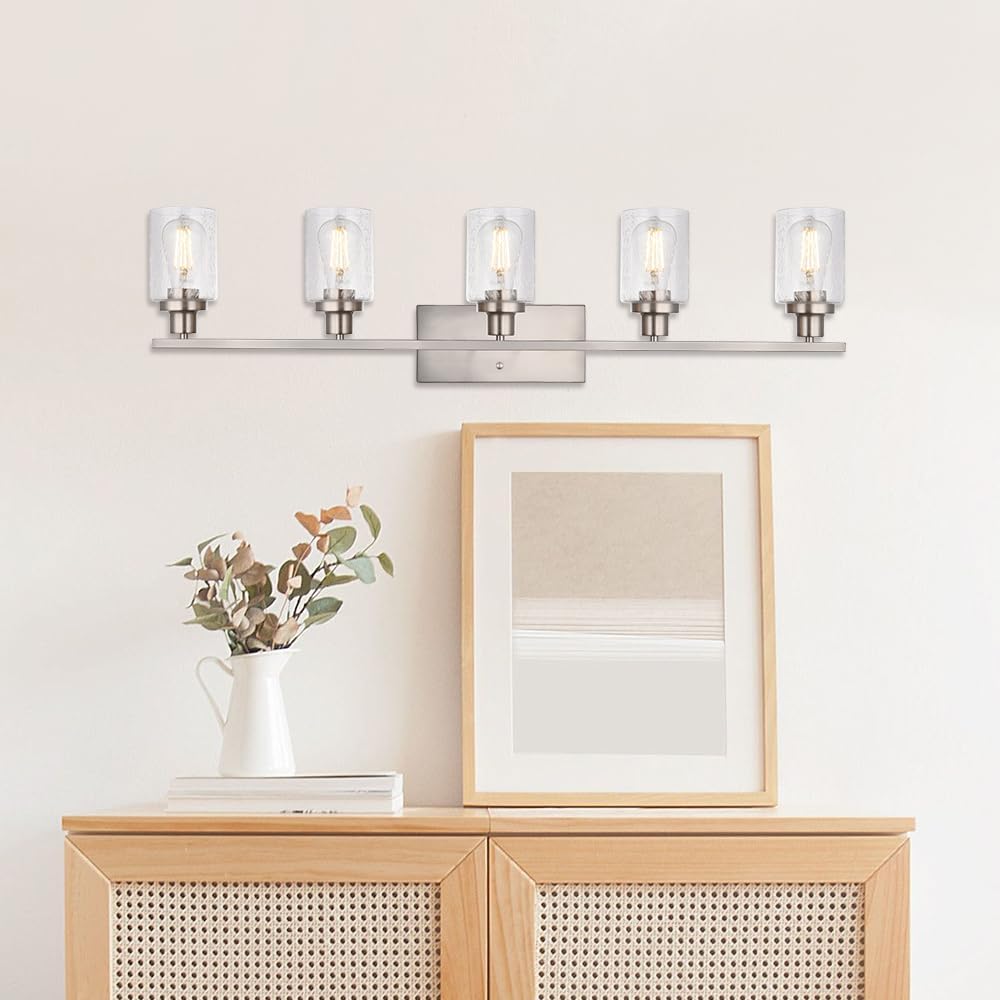 40-Inches Length Bathroom Vanity Lighting Fixtures Over Mirror in Brushed Nickel, 5-Lights Industrial Sconce Wall Lamp with Seeded Glass Shades