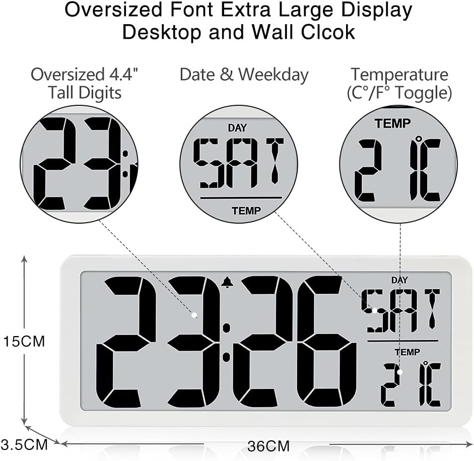 TXL 14.2" Large Digital Day Wall Clock, Custom 8 Languages Calendar, Count up-Down Timer and Temp Reminder, 12/24Hr Desktop Alarm Clock with Extra Large Display for Home Office Studio Hotel, White