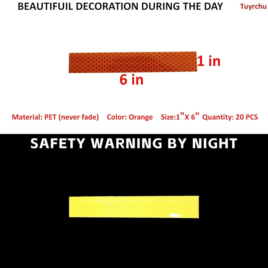 Non Fading Orange Reflective Stickers 1 inch X 6 inch, Outdoor Waterproof High Visibility Warning Safety Adhesive Reflector Tape (20 Pcs)