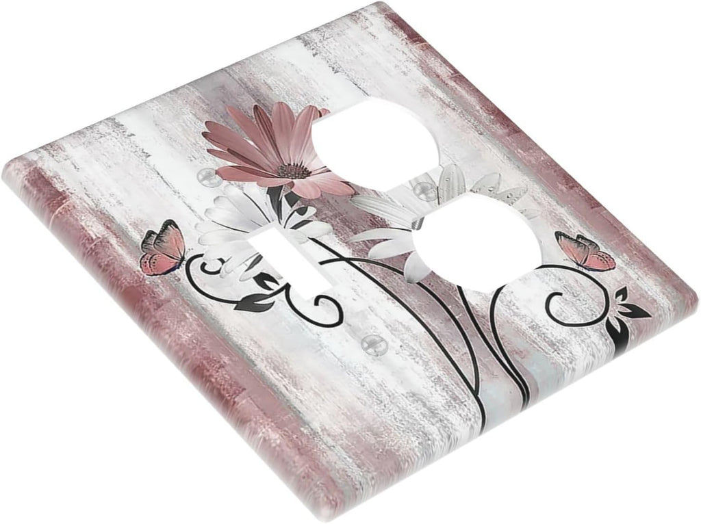 Wallplates Pink White Daisy Butterfly Wood Grain 1 Toggle 1 Duplex Switch Plate Electrical GFCI Faceplate Decorative Light Switch Covers for Farmhouse Bathroom Decor