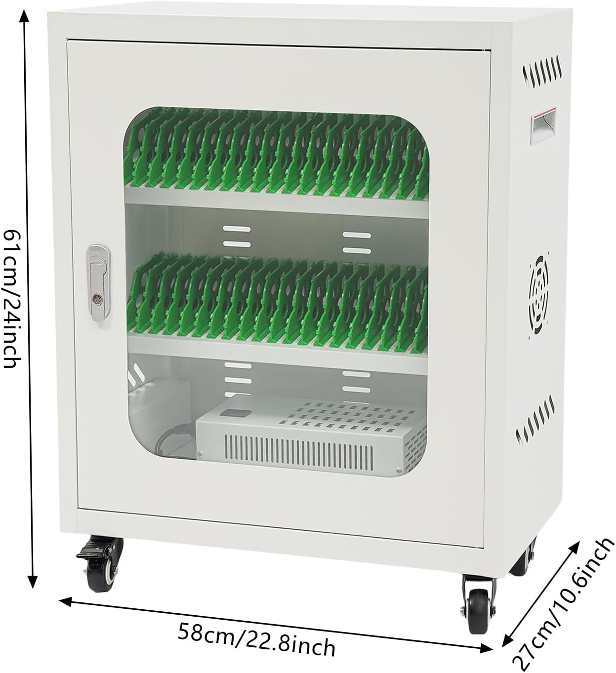 40-Port Mobile Phone Charging Station Cart - Heavy Duty Charging Cabinet for Schools & Offices, 400W Rechargeable Cellphone Locker Storage Lockable Tempered Glass Door & Wheels (White)