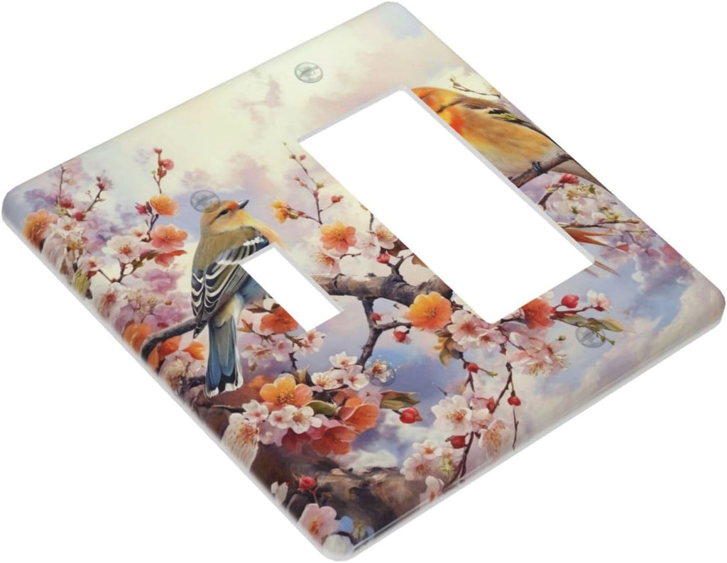 Birds Sitting on Flowers Tree Branch Light Switch Covers 2 Gang Single Toggle Rocker Combination Wall Plate Cover Electrical Faceplate Decorative Switch plate for Farmhouse Living Decor