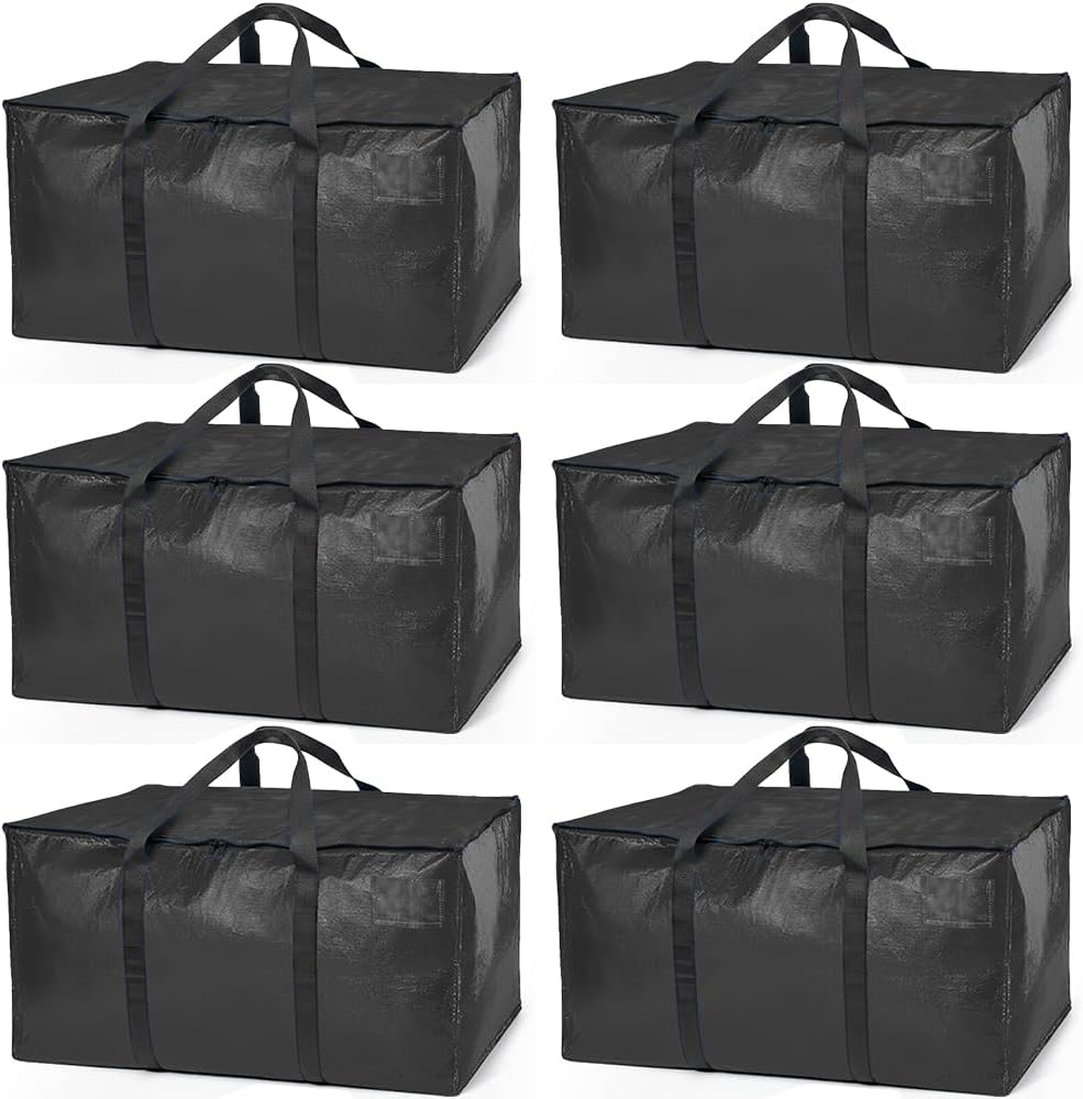 ClearSpace Heavy Duty Moving Bags or Storage Bags – Black Storage Bins with Lids, Large Moving Boxes with Backpack Straps & Zippers,– Packing Box & Moving Supplies for College Dorm, 6 Pack