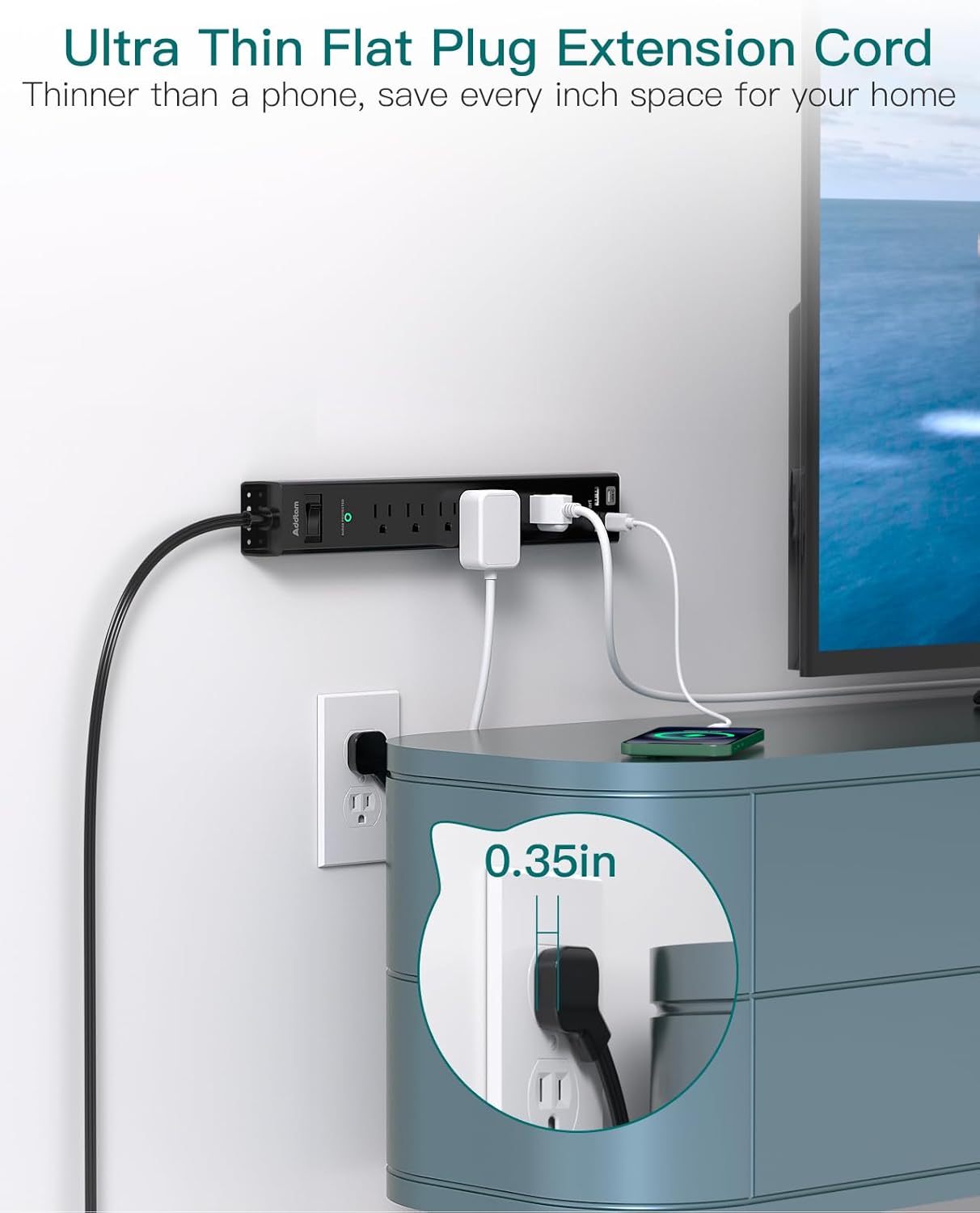 Flat Plug Extension Cord, Addtam 5Ft Surge Protector Power Strip with 6 AC Outlets 4 USB, Wall Mount, Desk Charging Station for Office School College Dorm Room Essentials, ETL Listed