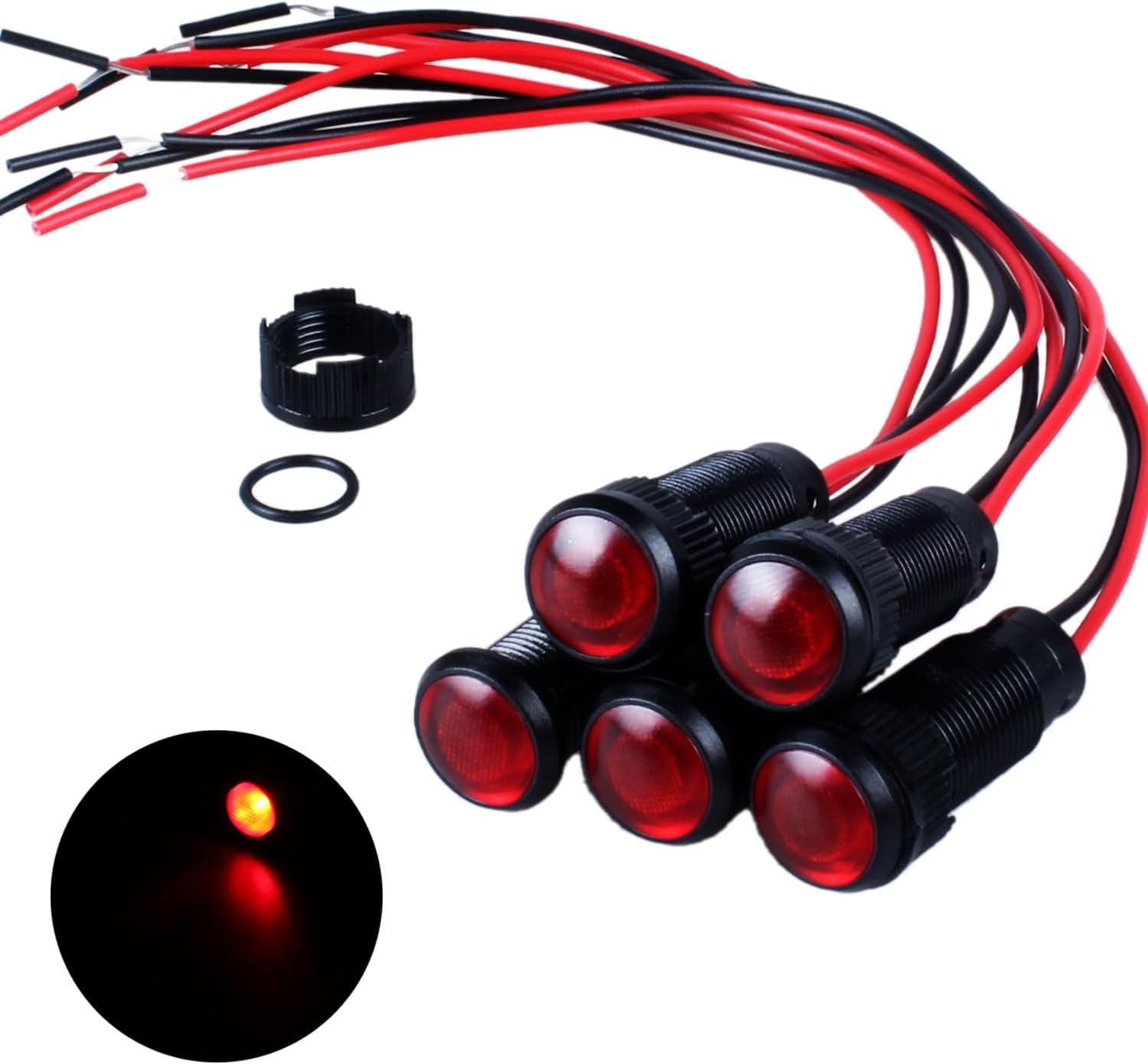 5pcs 10mm LED Indicator Light Plastic Black Signal Dot Lamp 12V-24V 2/5" Mounting Hole Size with 15cm/5.9in. Wire (Red LED)