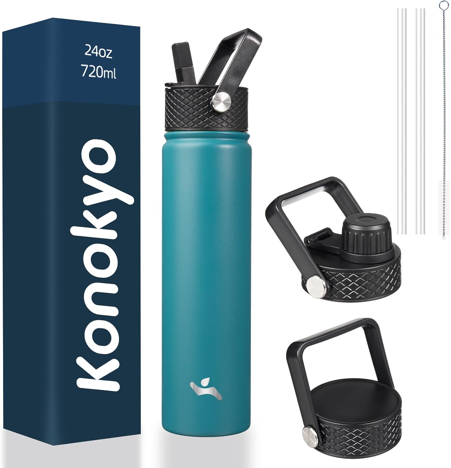 Insulated Water Bottle 24oz Stainless Steel Sport Bottles with 3 Lids,Light Blue