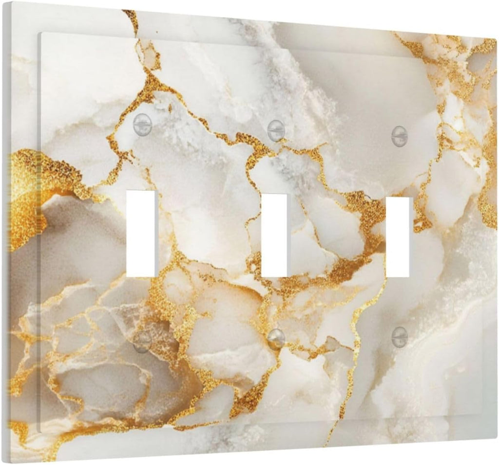 Gold Marble Crack Simple Abstract Print Decorative Switch Plates 3 Gang Wall Plate Triple Toggle Light Switch Cover Faceplate Electrical Wall Panels for Bathroom Kitchen Home Decor