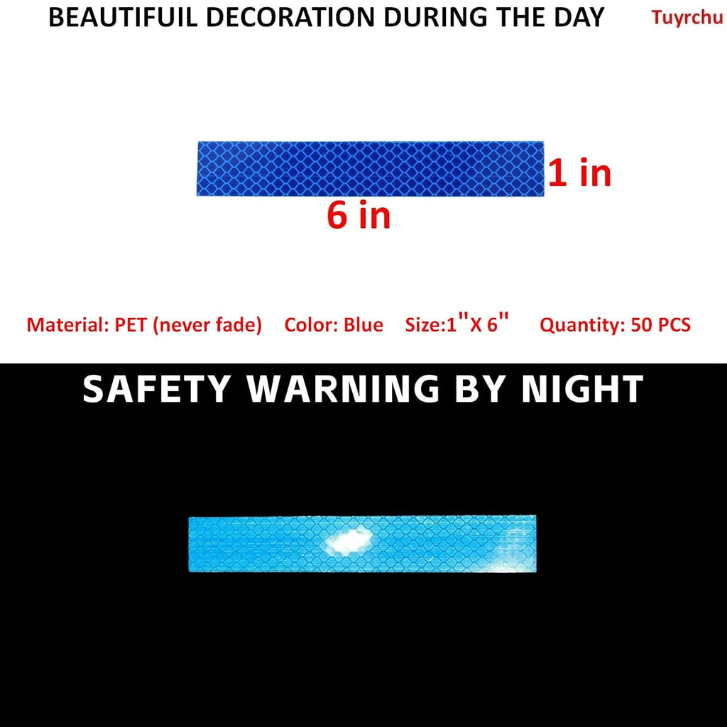 Non Fading Blue Reflective Stickers 1 inch X 6 inch, Outdoor Waterproof High Visibility Warning Safety Adhesive Reflector Tape (50 Pcs)