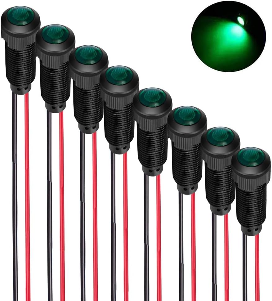 8pcs Green LED Indicator Pilot Light AC/DC 12-24V Mounting Hole Size 8mm(Flame Retardant Plastic Shell)