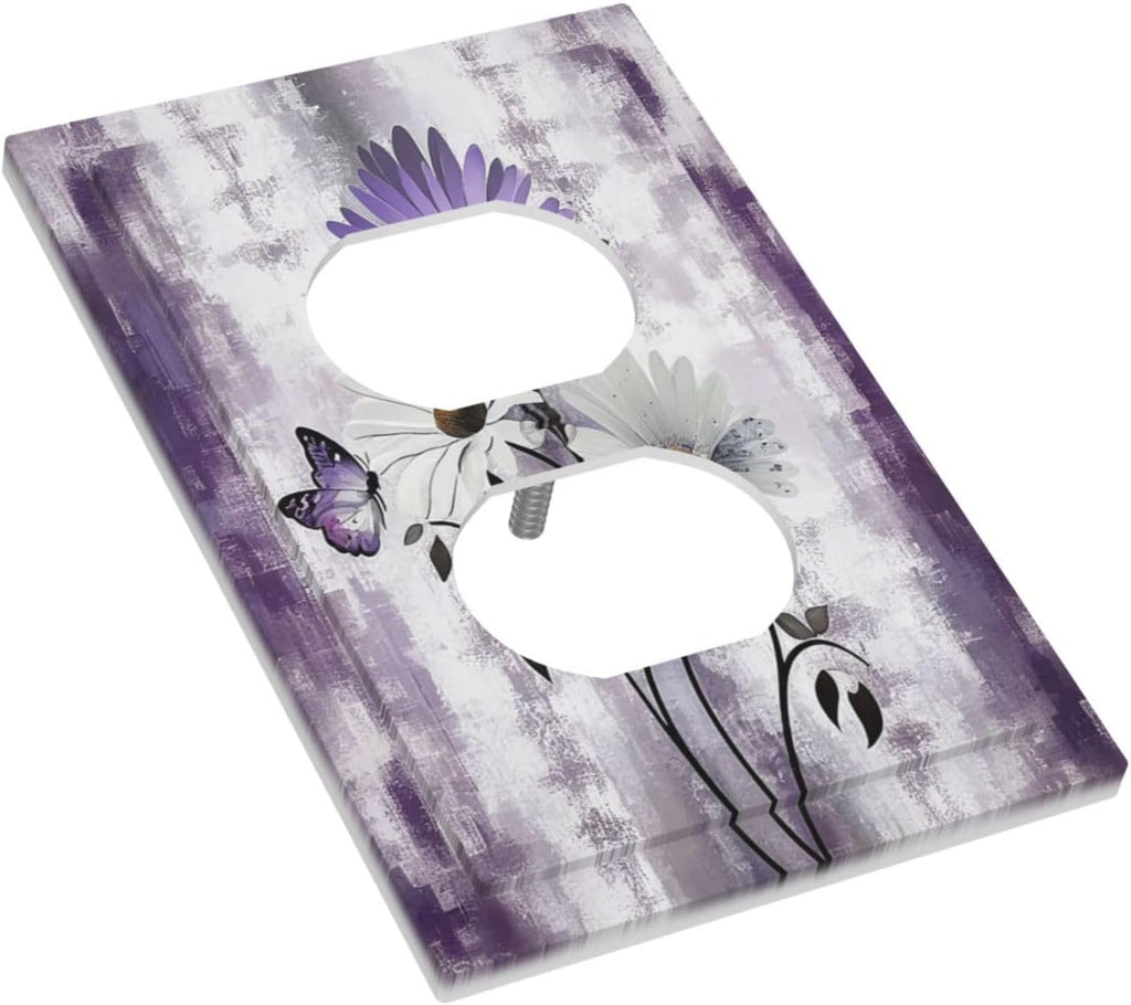Purple Daisy White Floral Butterfly Flowers 1 Gang Duplex Receptacle Switch Wall Plate Decorative Switchplate Outlet Covers Electrical Plug Cover Faceplate for Bathroom Home Decor 5 X 3 IN