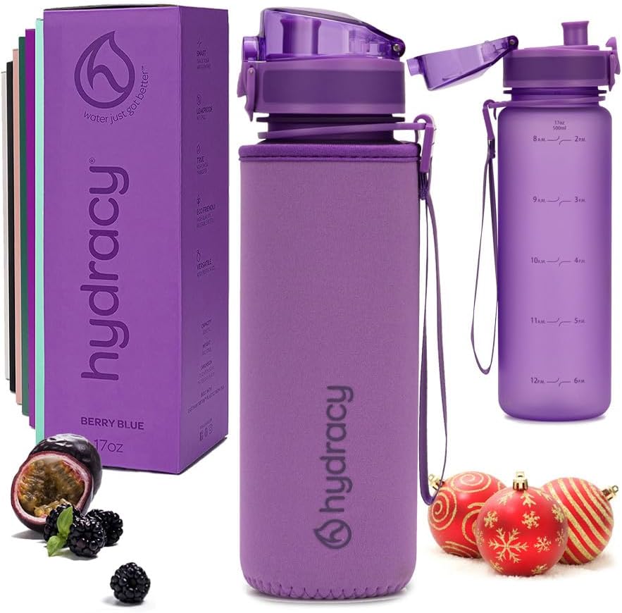 Hydracy Water Bottle with Time Marker -Large BPA Free Water Bottle & No Sweat Sleeve -Leak Proof Gym Bottle with Fruit Infuser Strainer & Times to Drink -Ideal for Fitness Sports & Outdoors