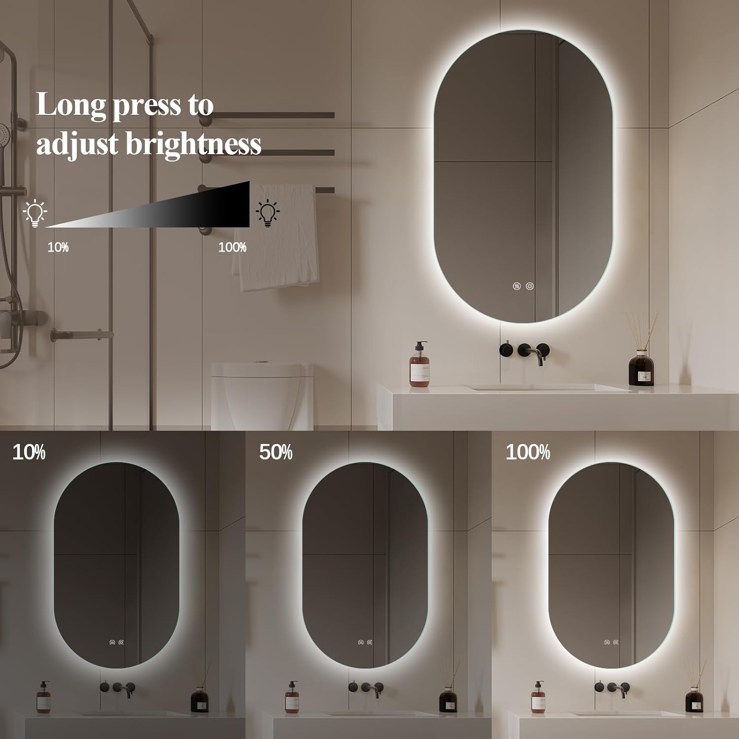 Niccy Oval LED Bathroom Vanity Mirror, 32x20inch Frameless Backlit Mirror with Light, Smart Anti-Fog Waterproof Mirror with Memory Function Dimmable Lighted Mirror