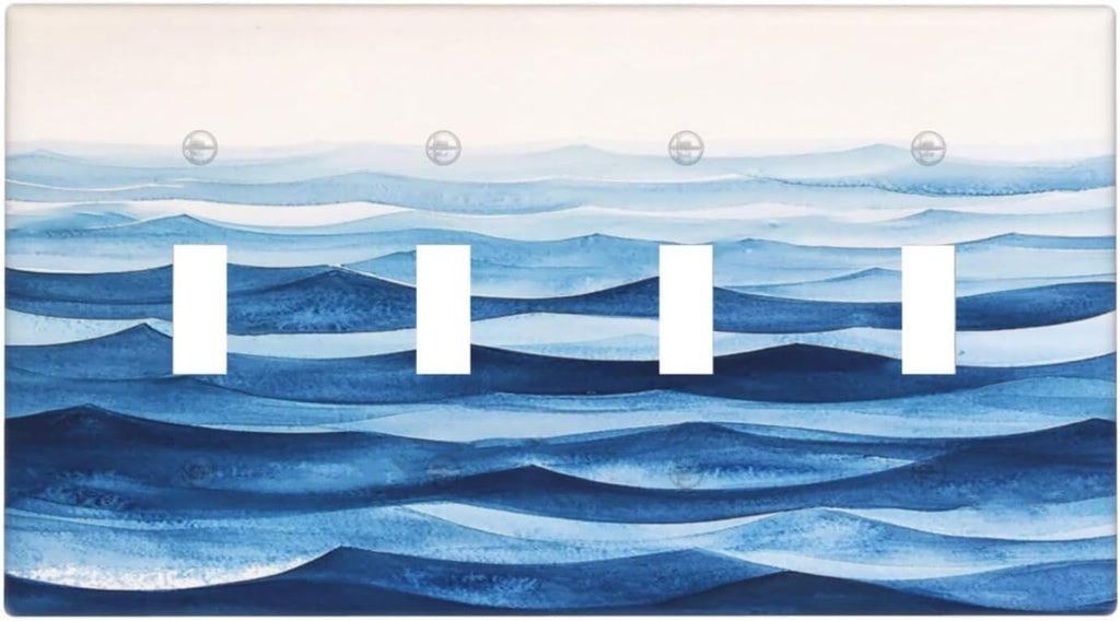 Light Switch Cover Plate Blue Watercolor Textured Abstract Ocean Wave 4 Gang Quad Toggle Wall Plate Electrical Outlet Cover Decorative Switch Plate Covers for Bedroom living Room Decor