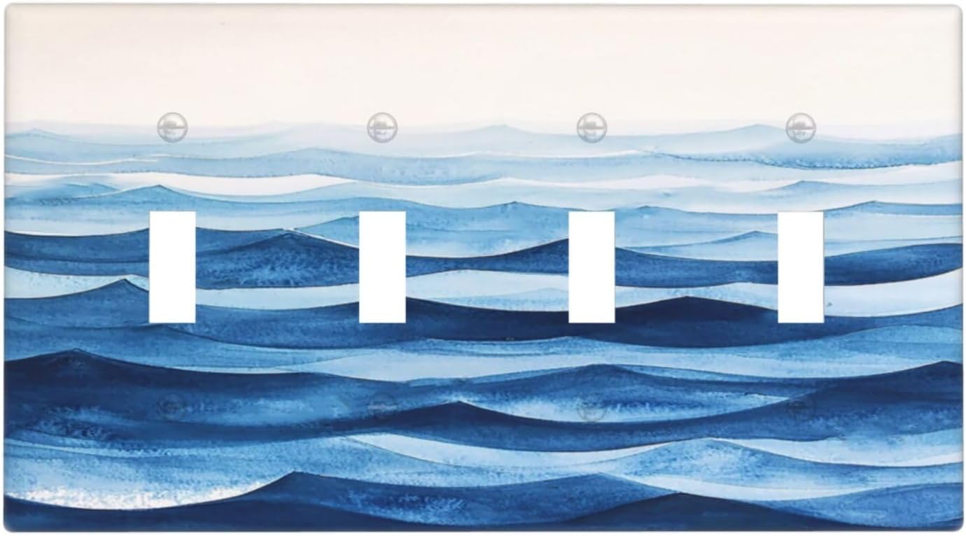 Light Switch Cover Plate Blue Watercolor Textured Abstract Ocean Wave 4 Gang Quad Toggle Wall Plate Electrical Outlet Cover Decorative Switch Plate Covers for Bedroom living Room Decor