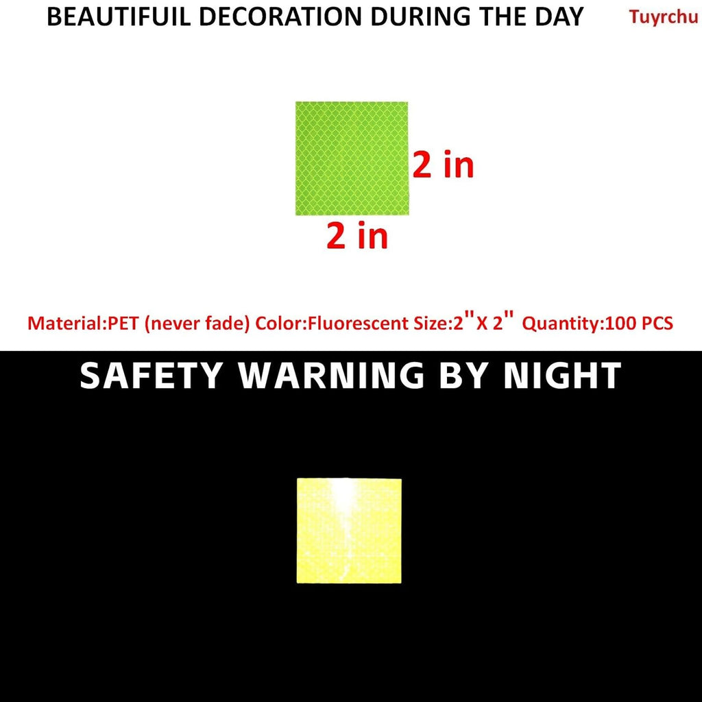 Non Fading Fluorescent Yellow Reflective Stickers 2 inch X 2 inch, Outdoor Waterproof High Visibility Safety Adhesive Reflector (100 Pcs)