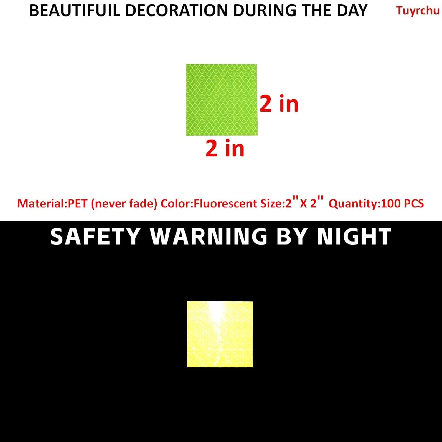 Non Fading Fluorescent Yellow Reflective Stickers 2 inch X 2 inch, Outdoor Waterproof High Visibility Safety Adhesive Reflector (100 Pcs)