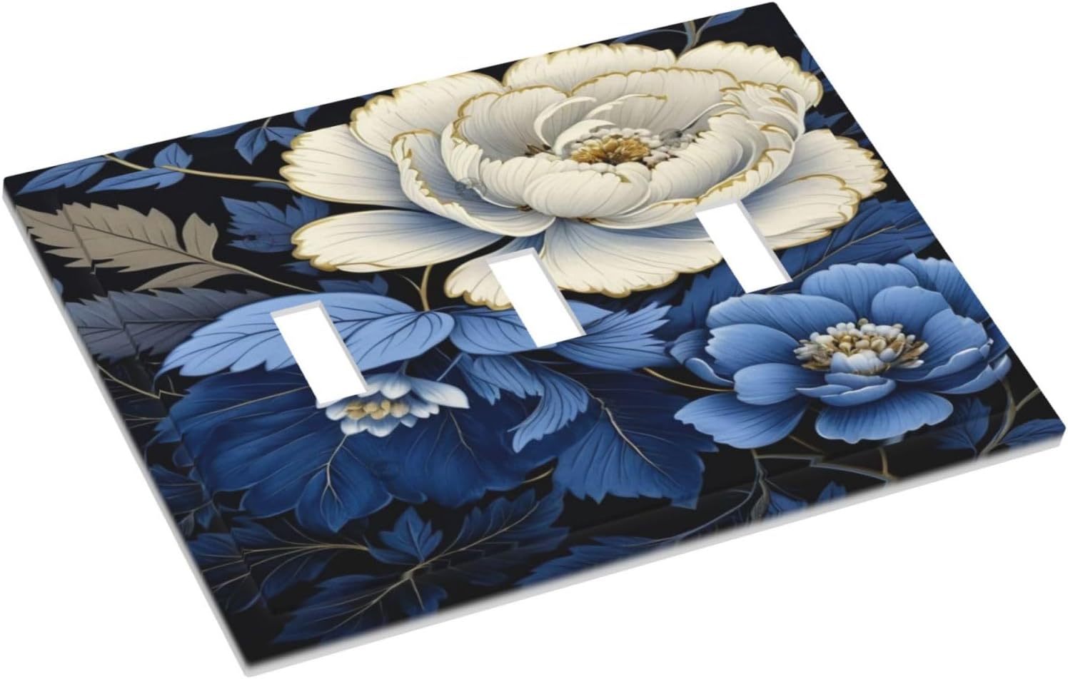 Blue White Flowers Light Switch Covers 3 Gang Triple Toggle Wall Plate Decorative Switchplate Electrical Faceplate for Farmhouse Living Decor