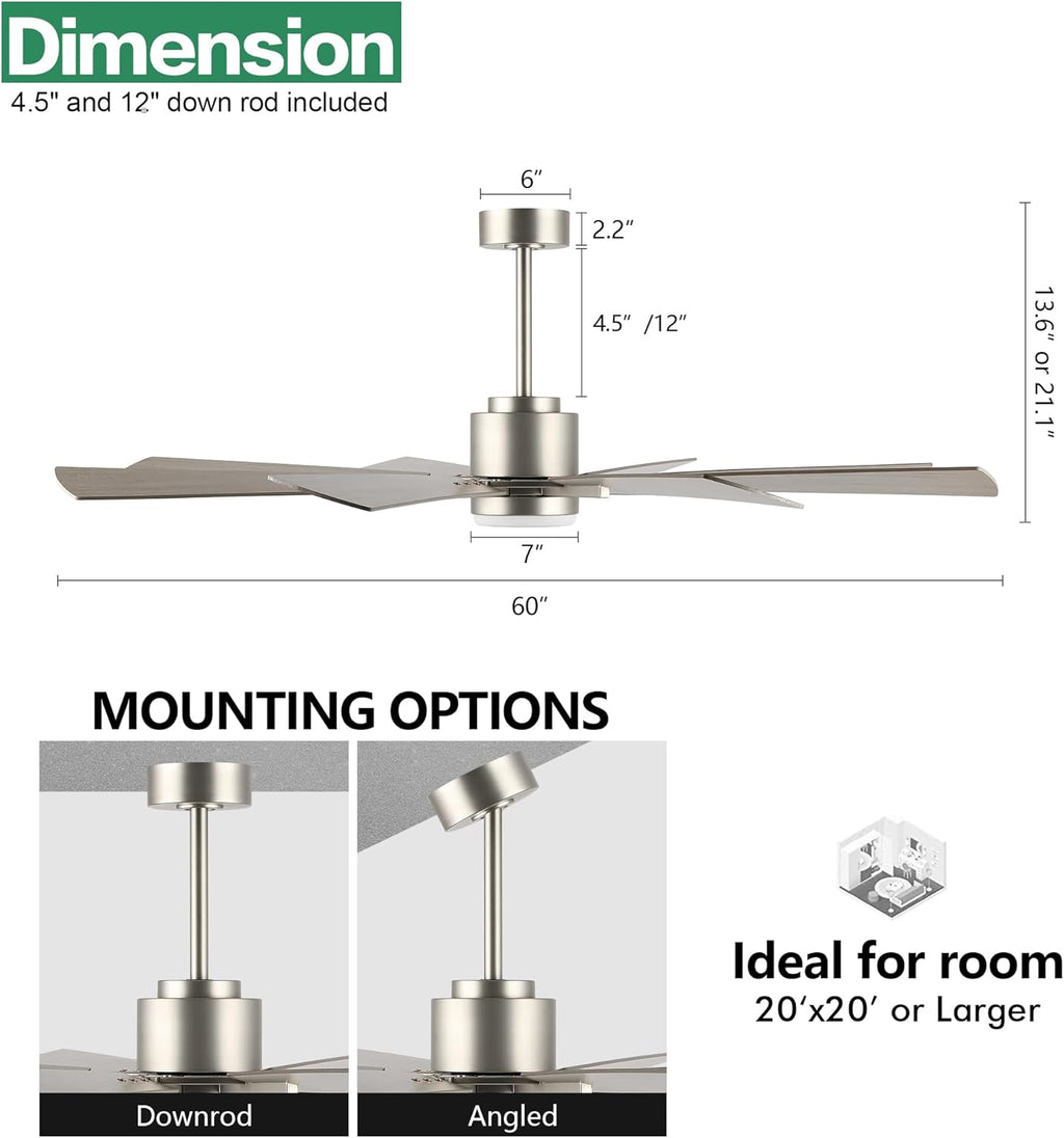 WINGBO 60" DC Ceiling Fan with Lights and Remote Control, Brushed Nickel and Gray Ceiling Fan, 8 Plywood Blades, 6-Speed Reversible DC Motor, Modern Ceiling Fans Indoor for Kitchen Bedroom Living Room