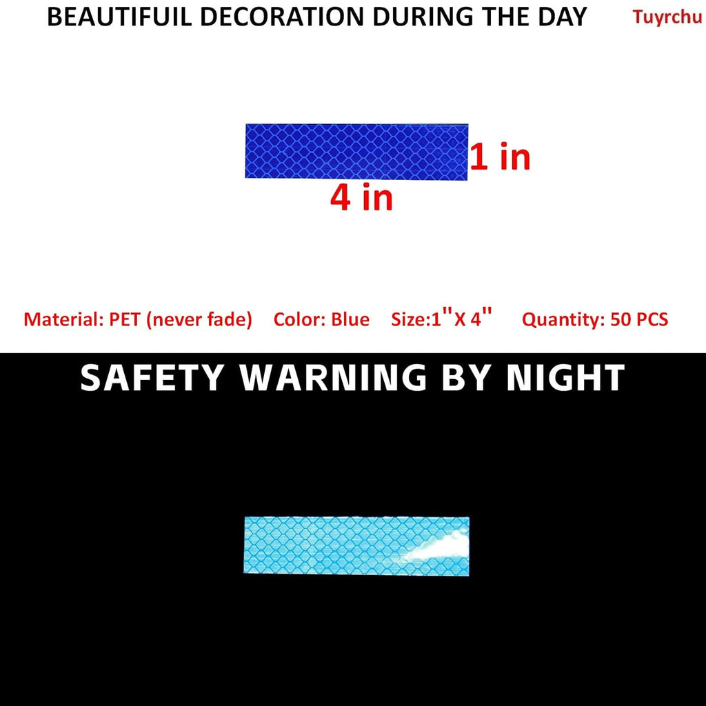 Non Fading Blue Reflective Stickers 1 inch X 4 inch, Outdoor Waterproof High Visibility Warning Safety Adhesive Reflector Tape (50 Pcs)