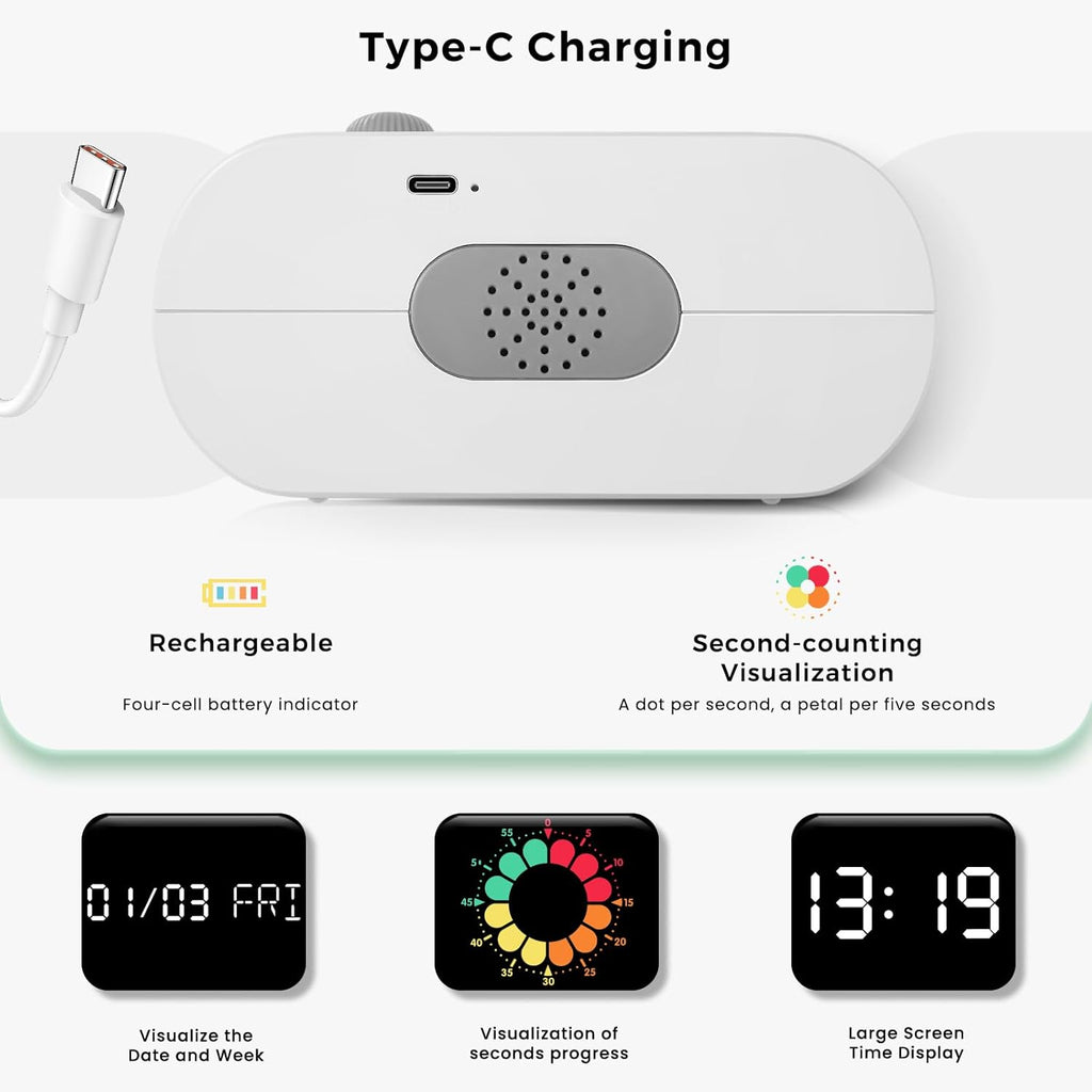 Mooking Digital Visual Timer for Kids, Large LED Digital Alarm Clock for Bedrooms, Rechargeable 199-Minute Silent Countdown Timers, Focus & Smoother Routines, Fitness Baking Studying Teaching