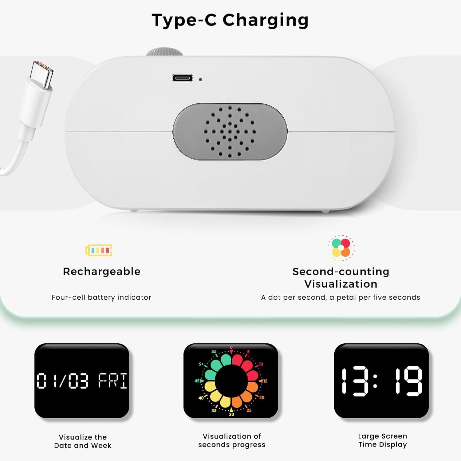 Mooking Digital Visual Timer for Kids, Large LED Digital Alarm Clock for Bedrooms, Rechargeable 199-Minute Silent Countdown Timers, Focus & Smoother Routines, Fitness Baking Studying Teaching