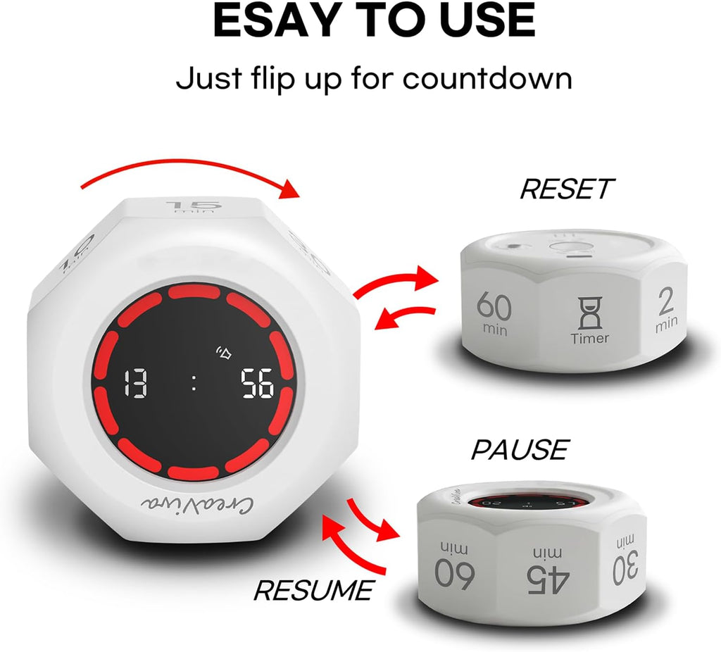 Pomodoro Timer, Flip Cube with 7 presets Countdown, Count up, Rechargeable Small Portable Visual Focus Stopwatch for ADHD, Kids, Classroom, Kitchen, Work, Study, Productivity (Floral White)